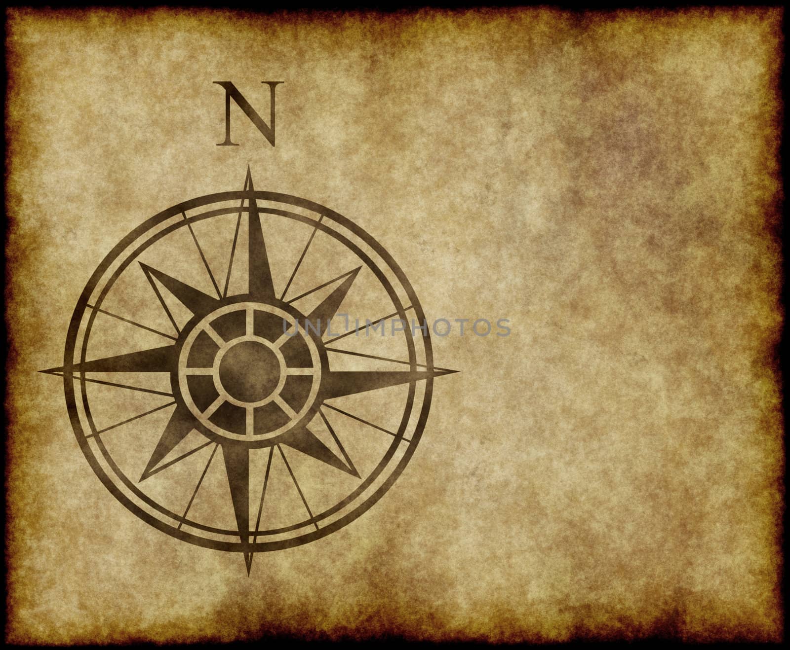 great north arrow and compass on old parchment map with copy space