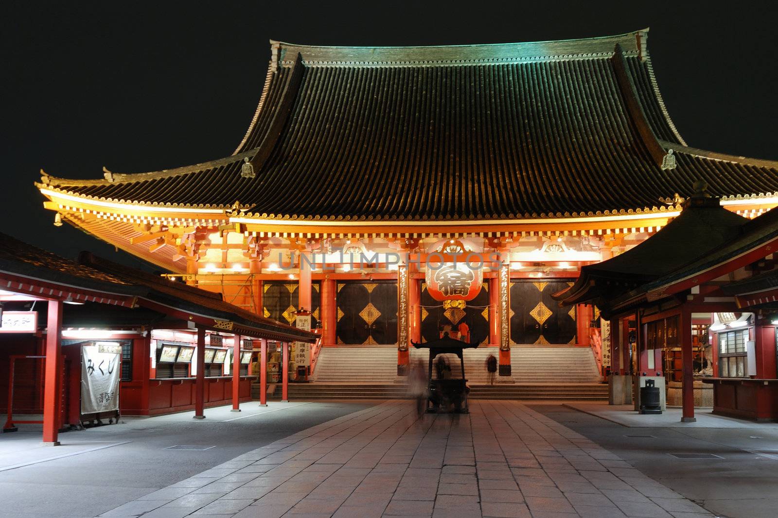 famous Tokyo landmark, Asakusa Temple by night with blurred by long exposure visitors movement, Japan