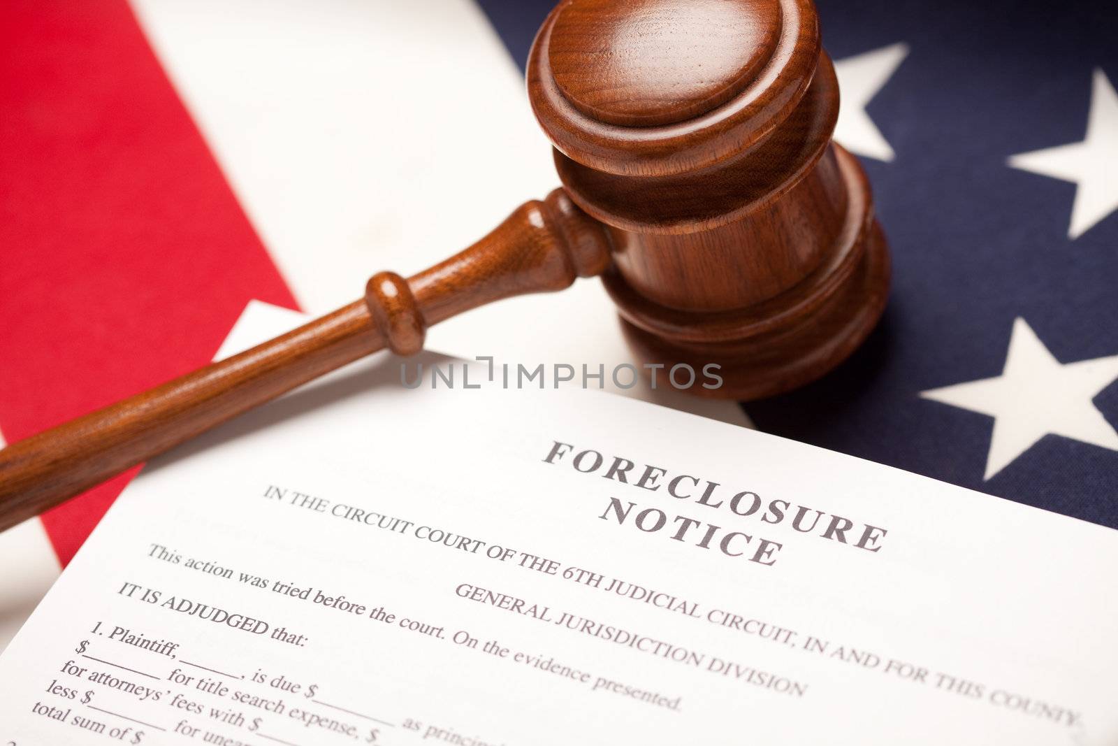 Gavel, American Flag and Foreclosure Notice with Selective Focus.
