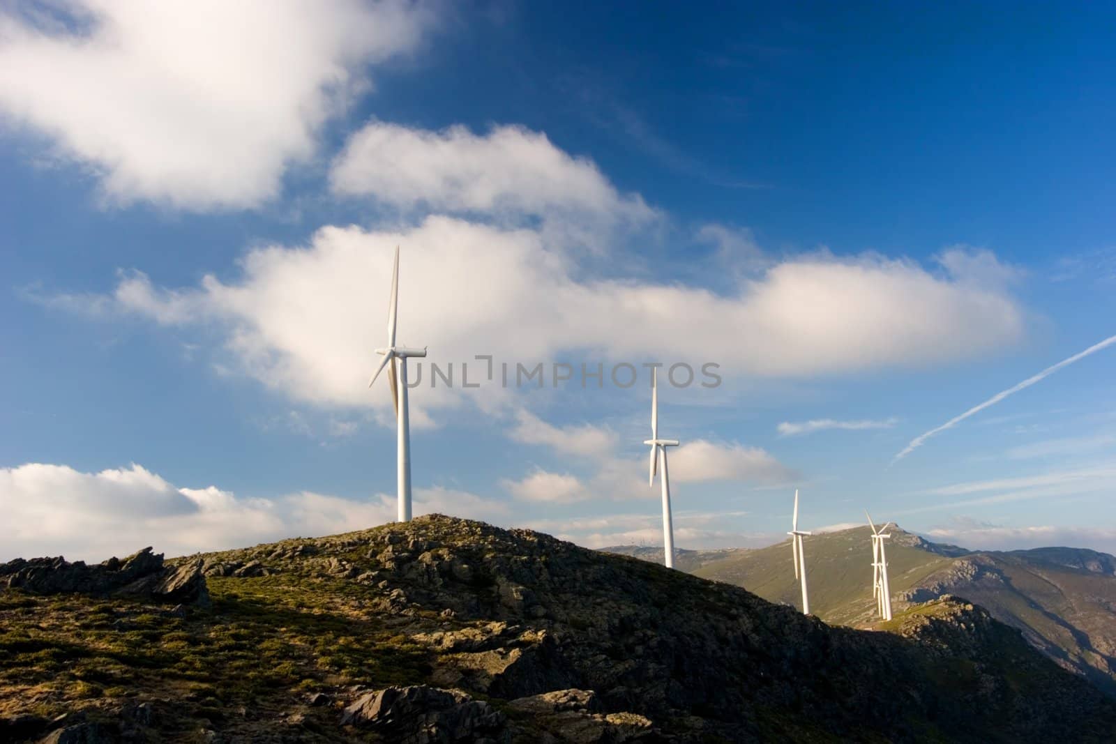 Wind turbines farm on hill