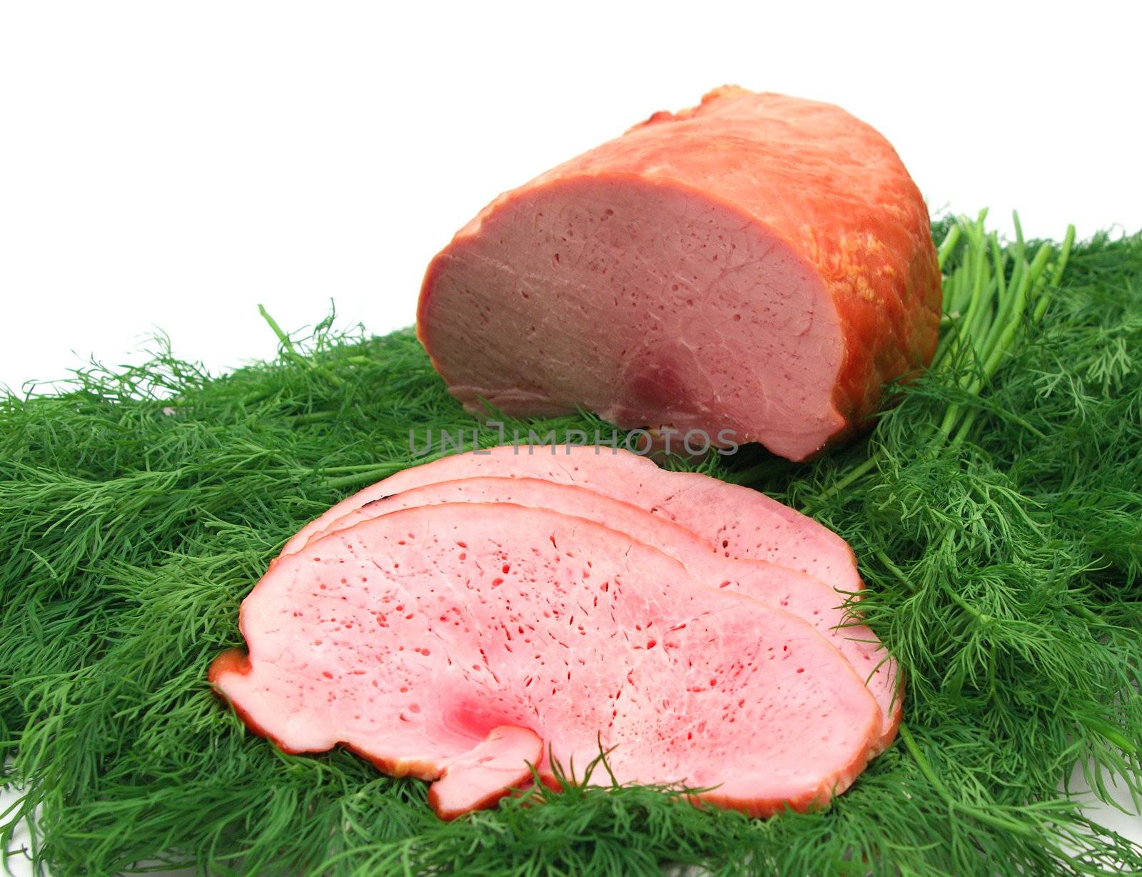 Appetizing part of smoked meat on dill,useful protein food