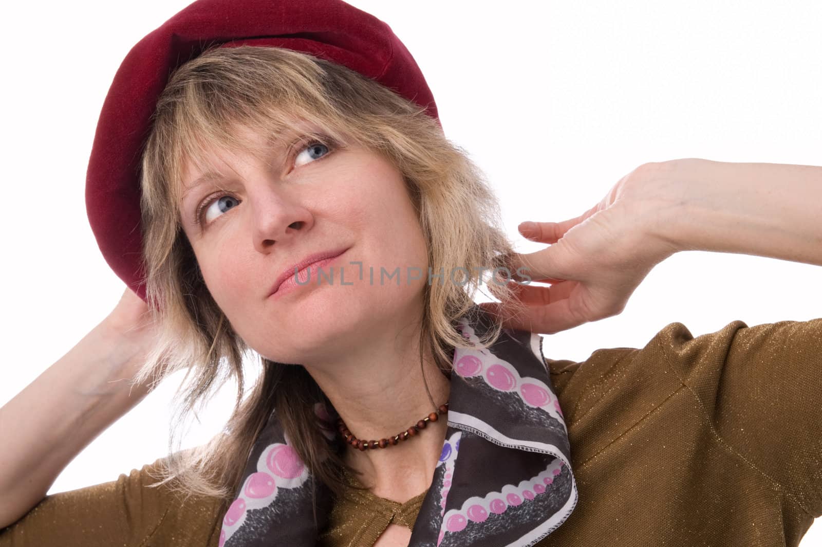 The woman in red beret, isolated on a white background.