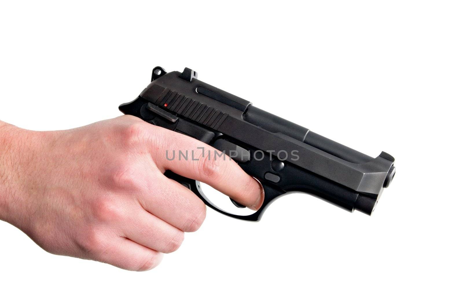 Hand holding gun. Isolated on white background.