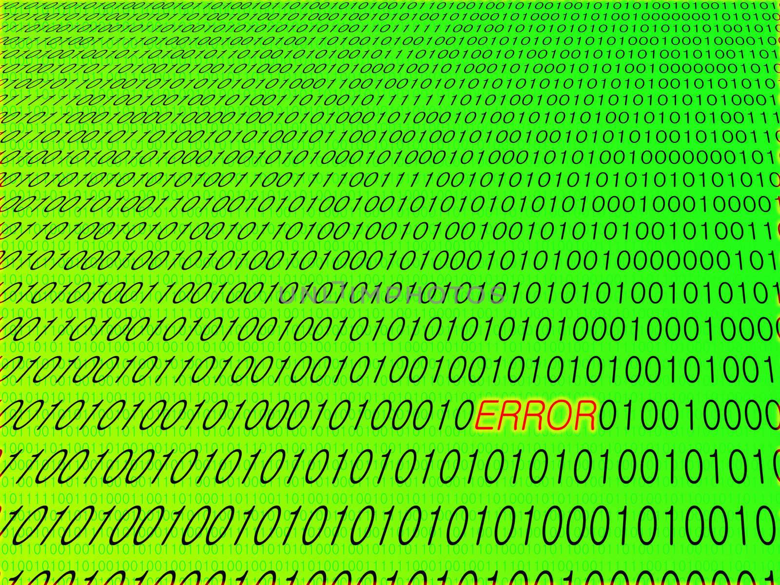 Binary digits in perspective with ERROR text in red with glow effect. Background is graduating luminous green with darker green smaller binary digits.