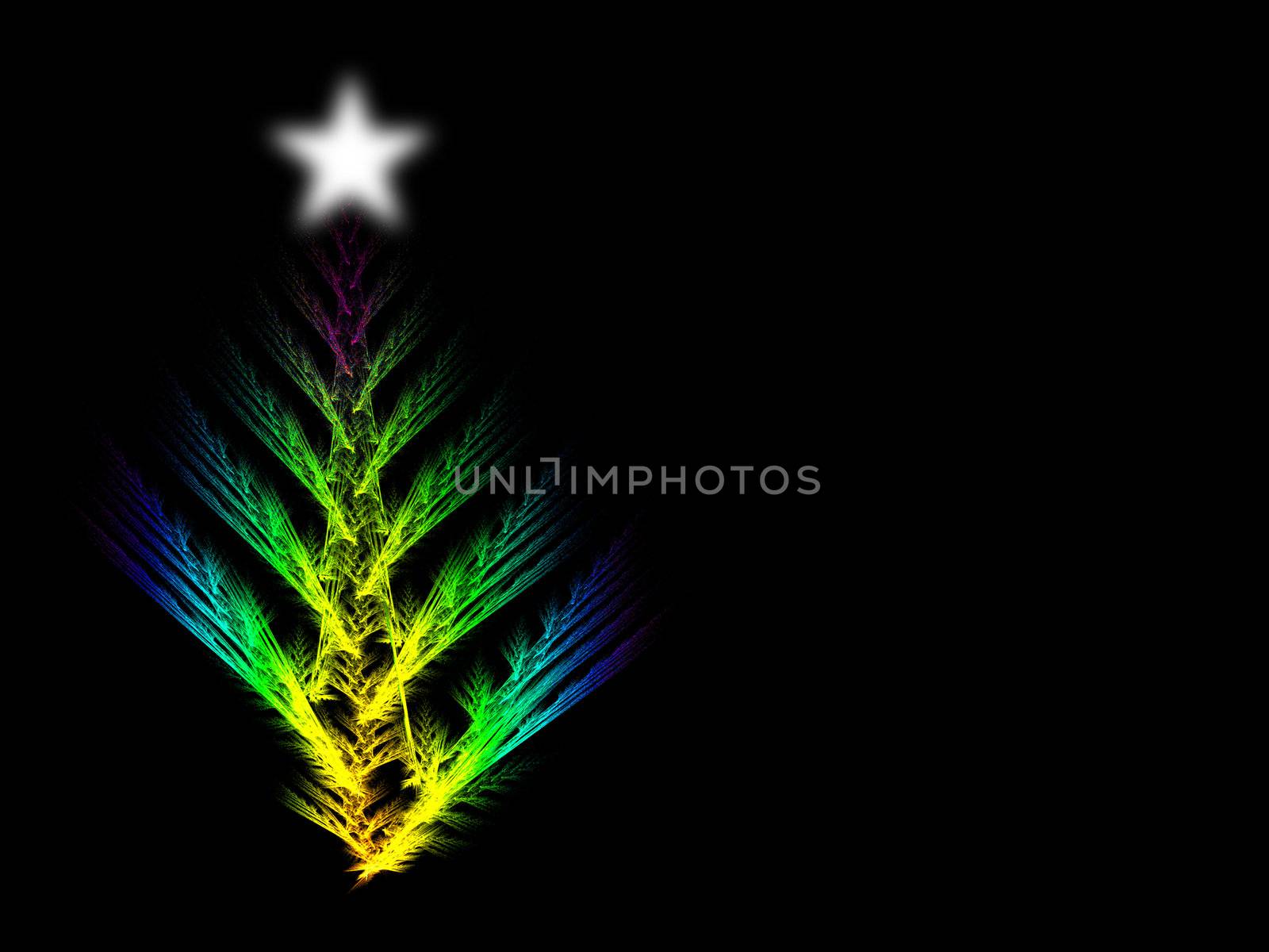 A christmas tree fractal design with star against a black copyspace