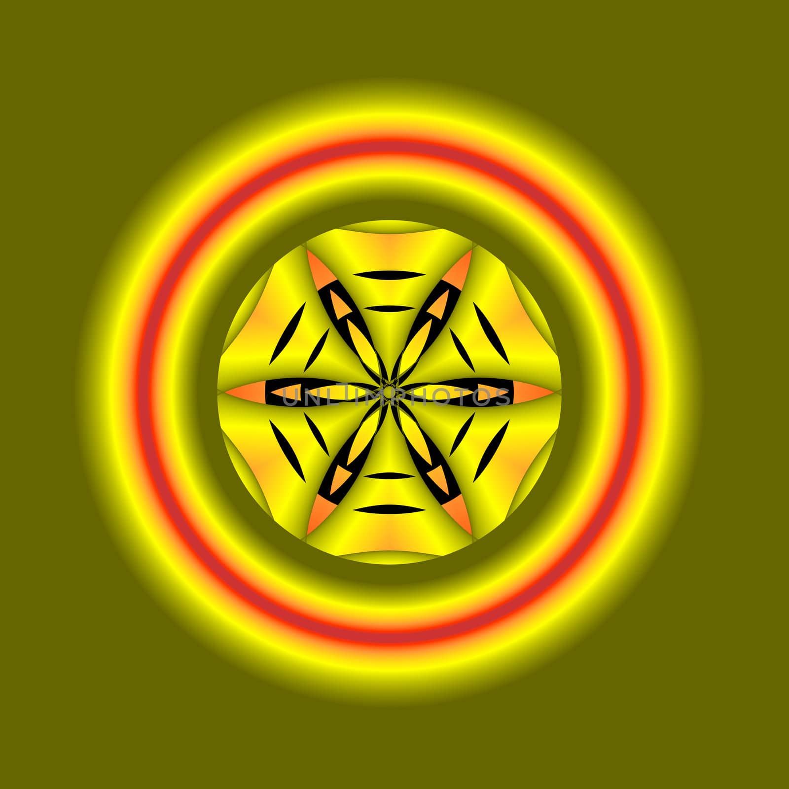 An abstract image with arrow shapes in the center of orange, green, and yellow rings.