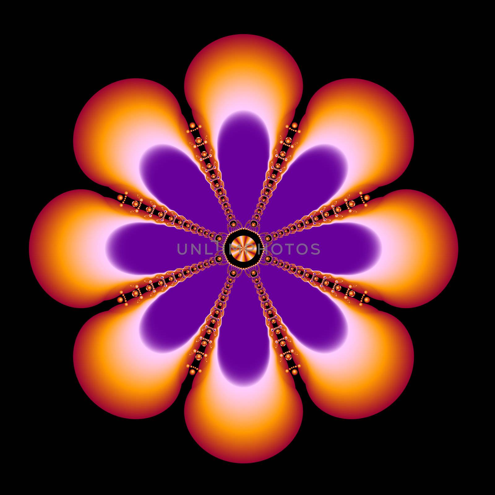 An abstract floral fractal with a gemlike center and gems radiating out between the petals.