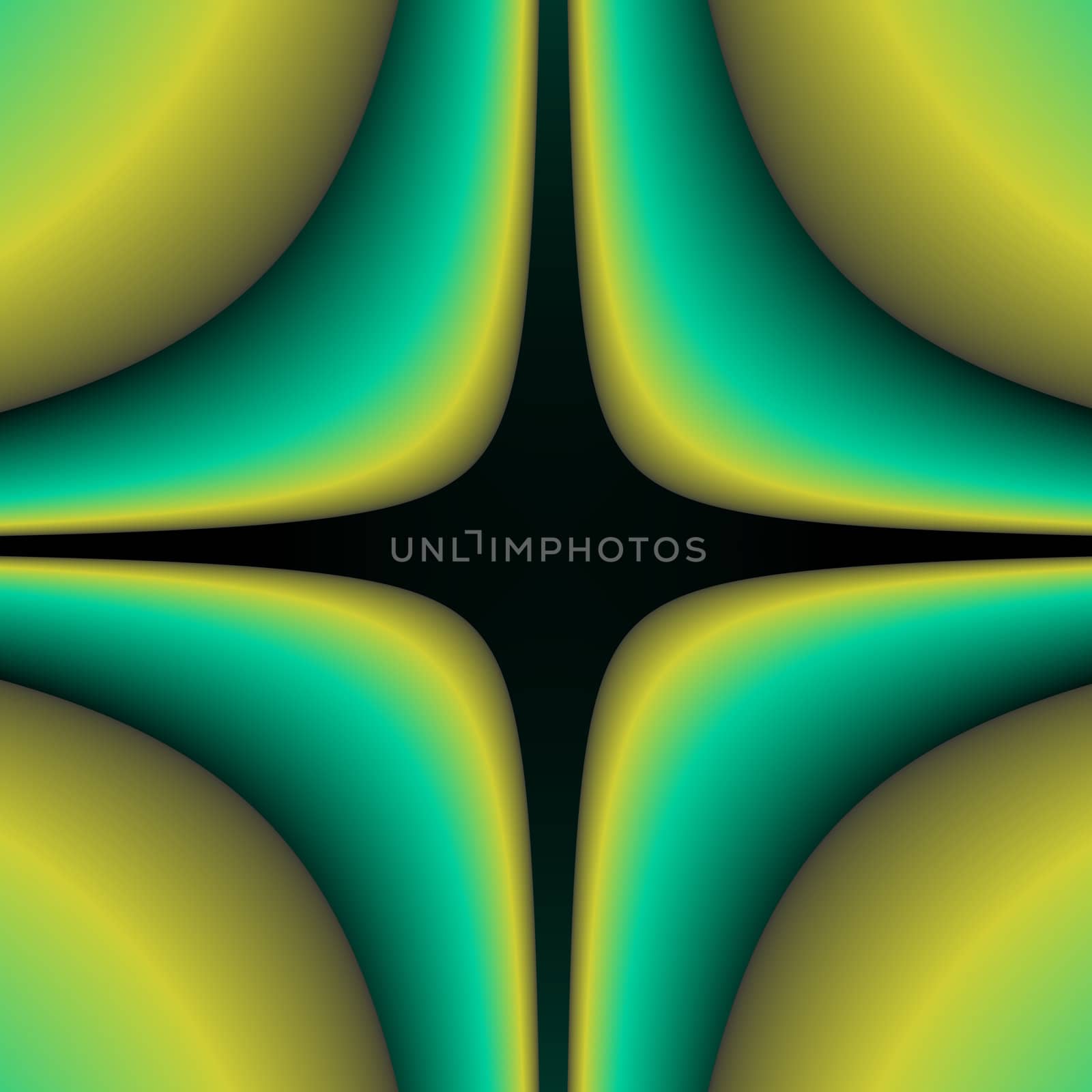 An abstract fractal done in layers of yellow and green with a black center that peers through to another dimensio.