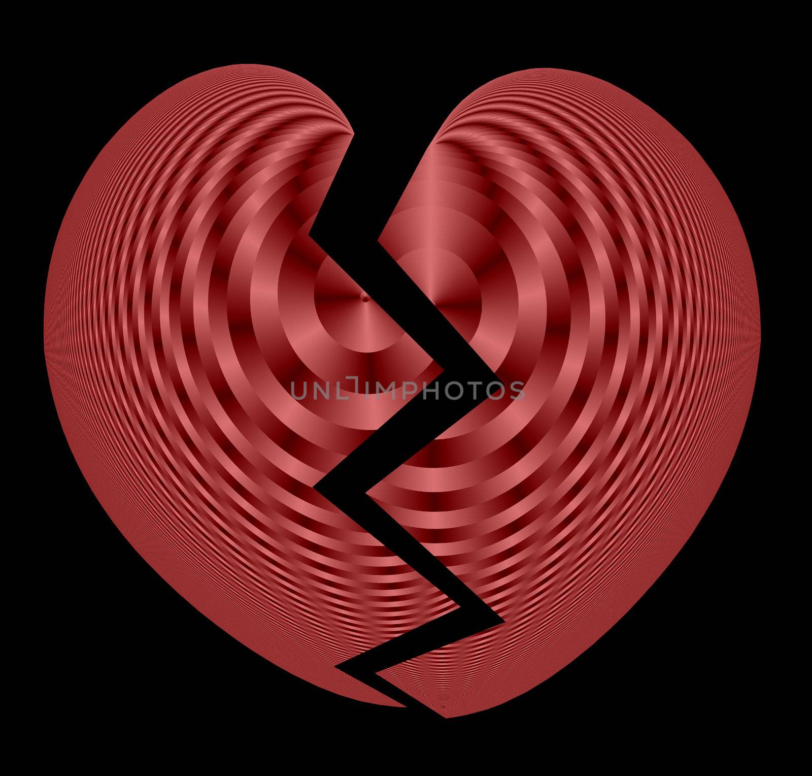 A broken fractal heart done in shades of red and black on a black background.