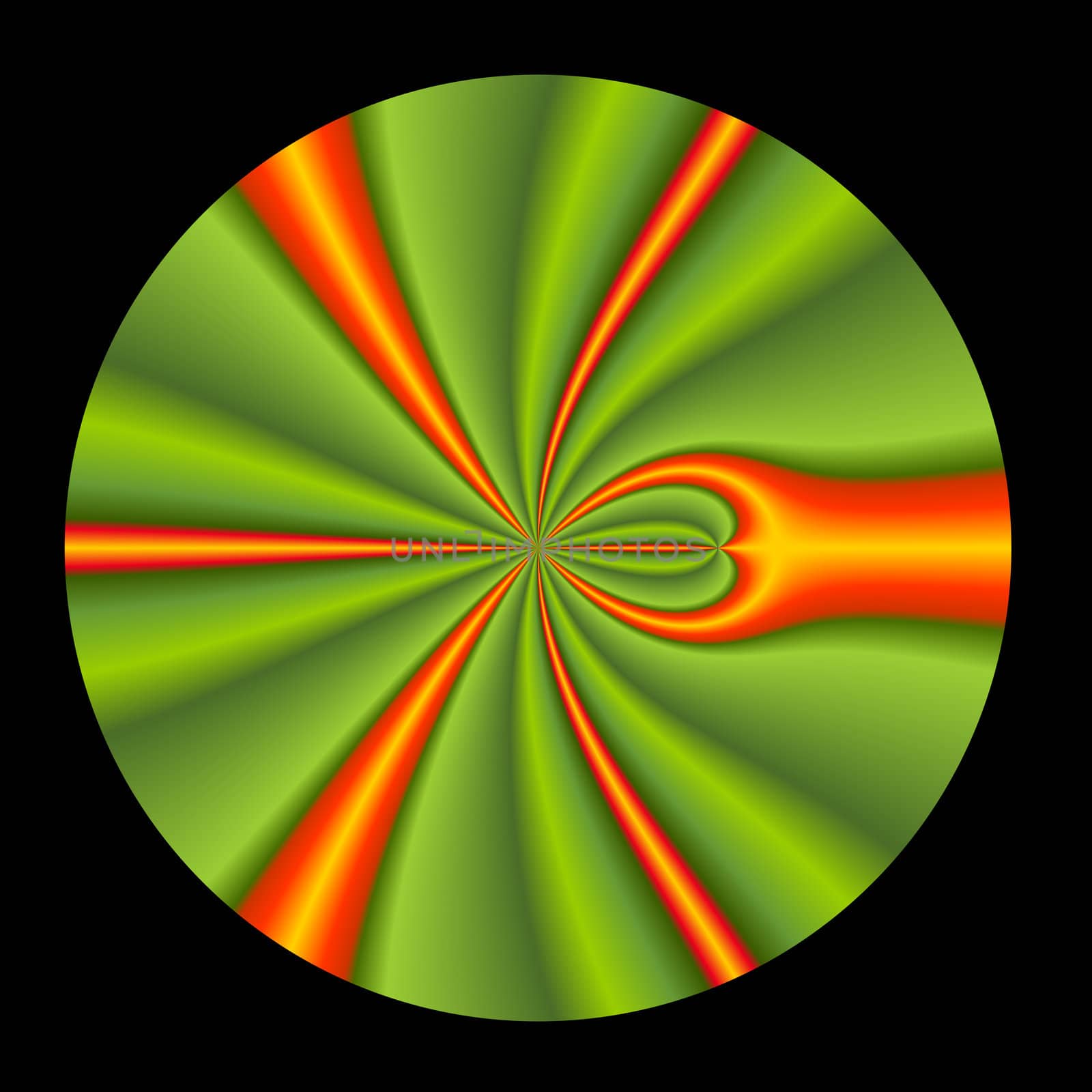 Green and orange abstract circular fractal floating on a black background.