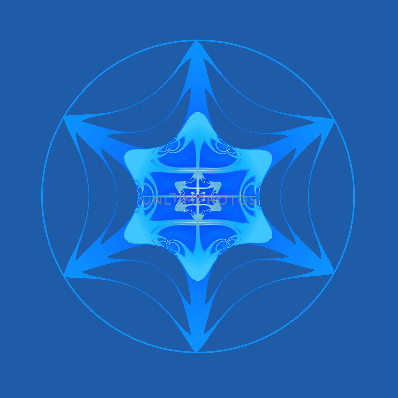 A six sided fractal done in shades of blue.