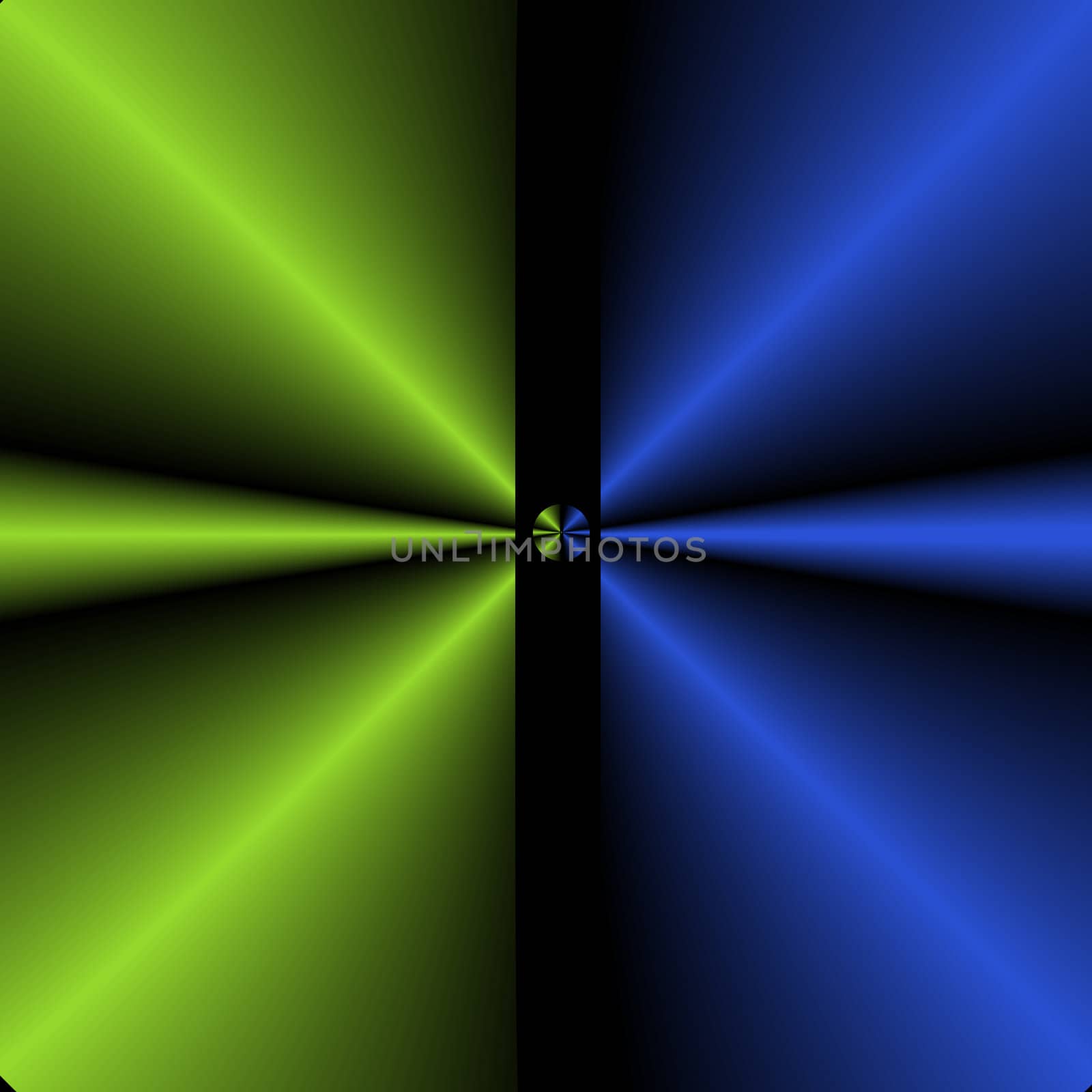 A fractal with its elements simplified and done in shades of blue and green. They are made to look as if rays of light are either beaming out of or hitting a circular central core through an area of black that absorbs the light.