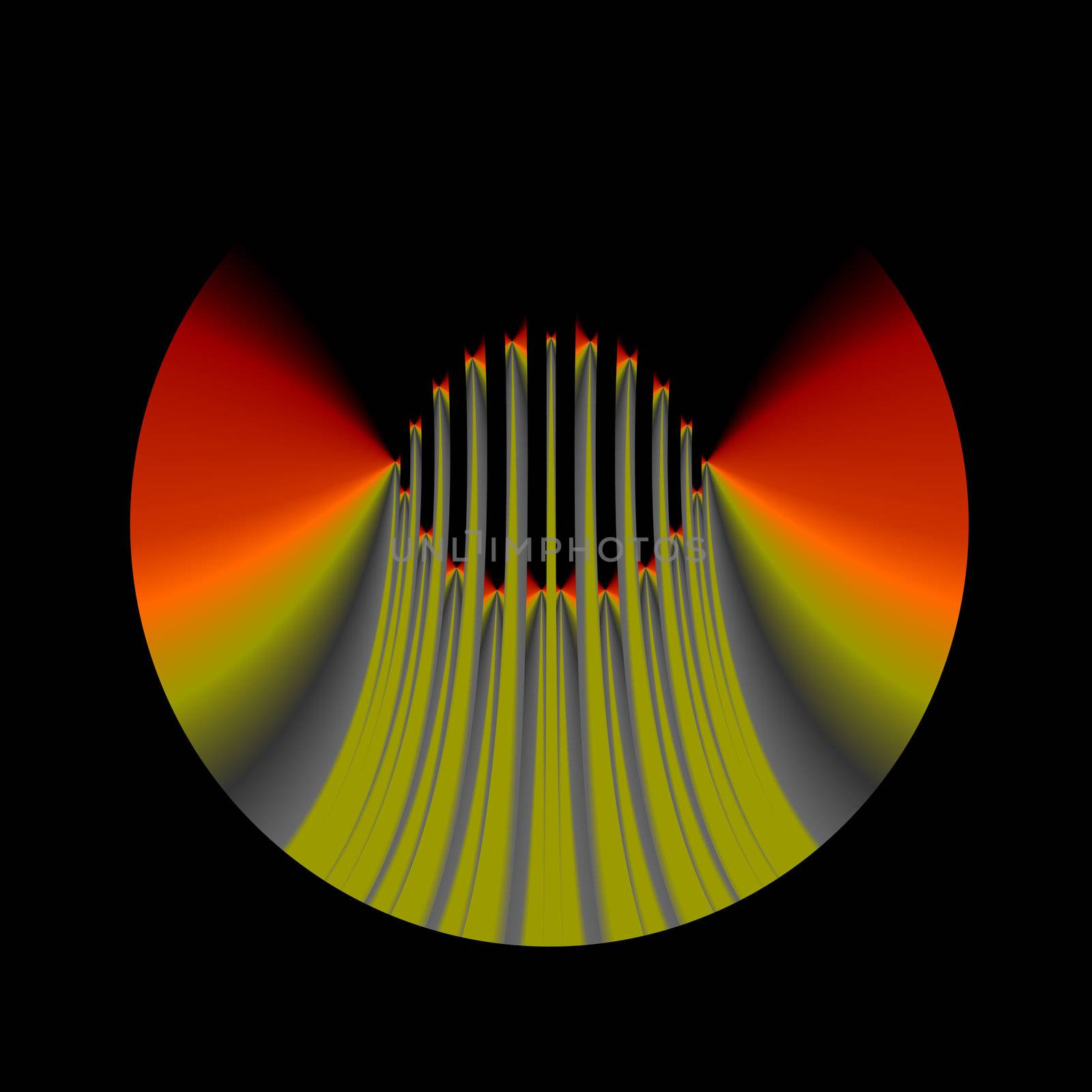 A fractal done in warm tones of orange and green with gray accents. The vertical lines in the central portion of the illustration give the illusion of acceleration.