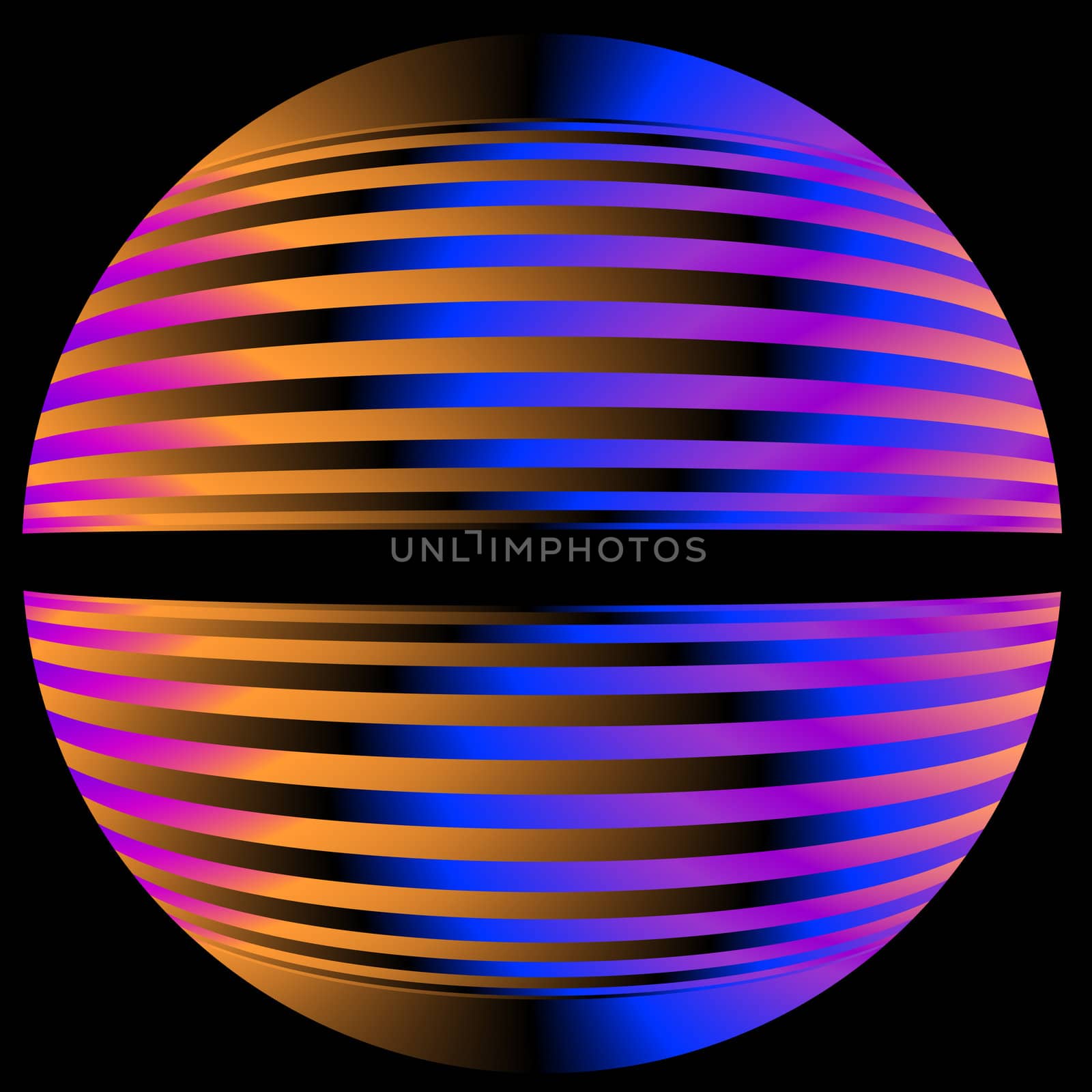 A fractal globe split in two hanging in space. It is done is bright shades of orange, pink, purple, and blue.