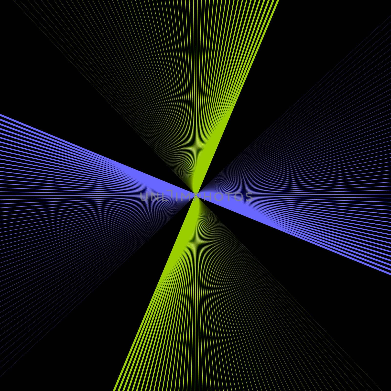 A fractal with rays of blue and green twisting and radiating out from the cetral core in pinwheel fashion.