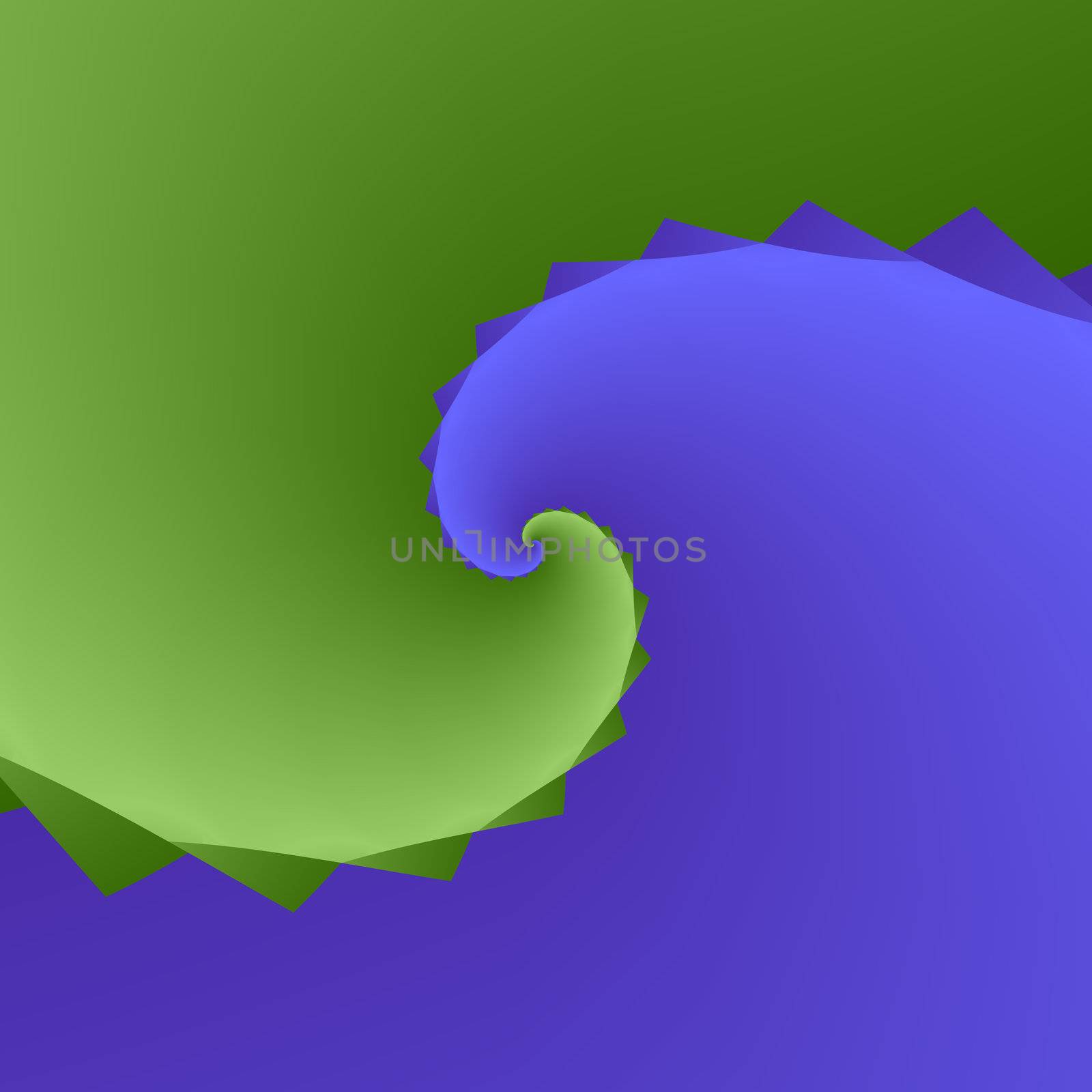 An abstract fractal with summetrical interlocking blue and green curls.  