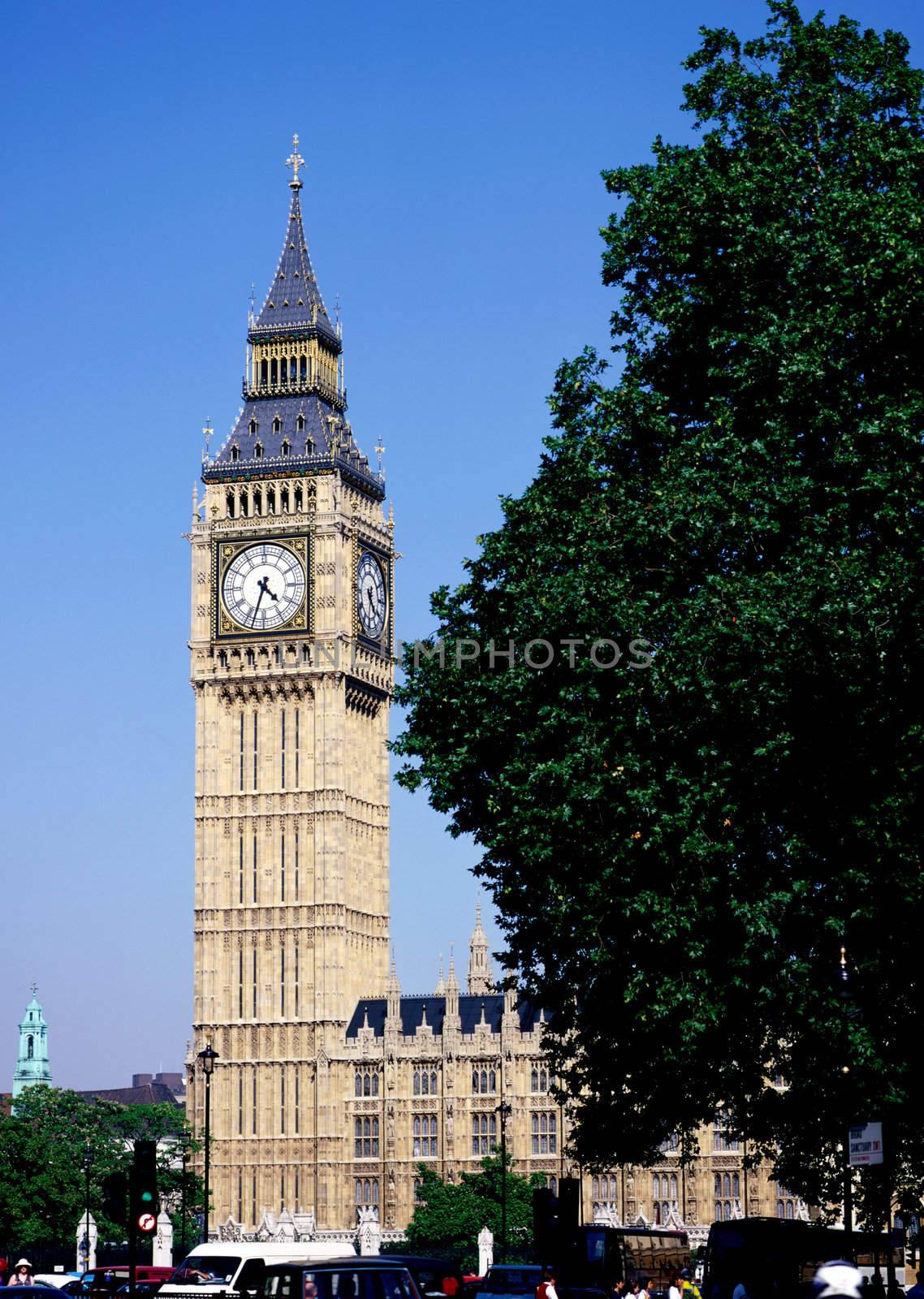 The clock tower at the Palace of Westminster