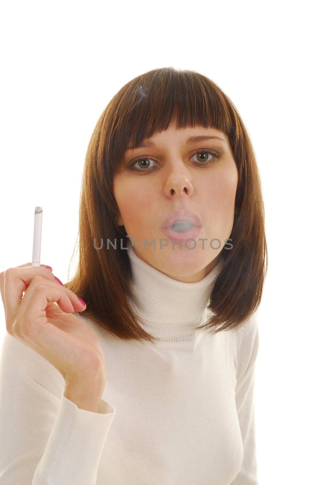 Young Smoking woman in white dress with white cigarette
