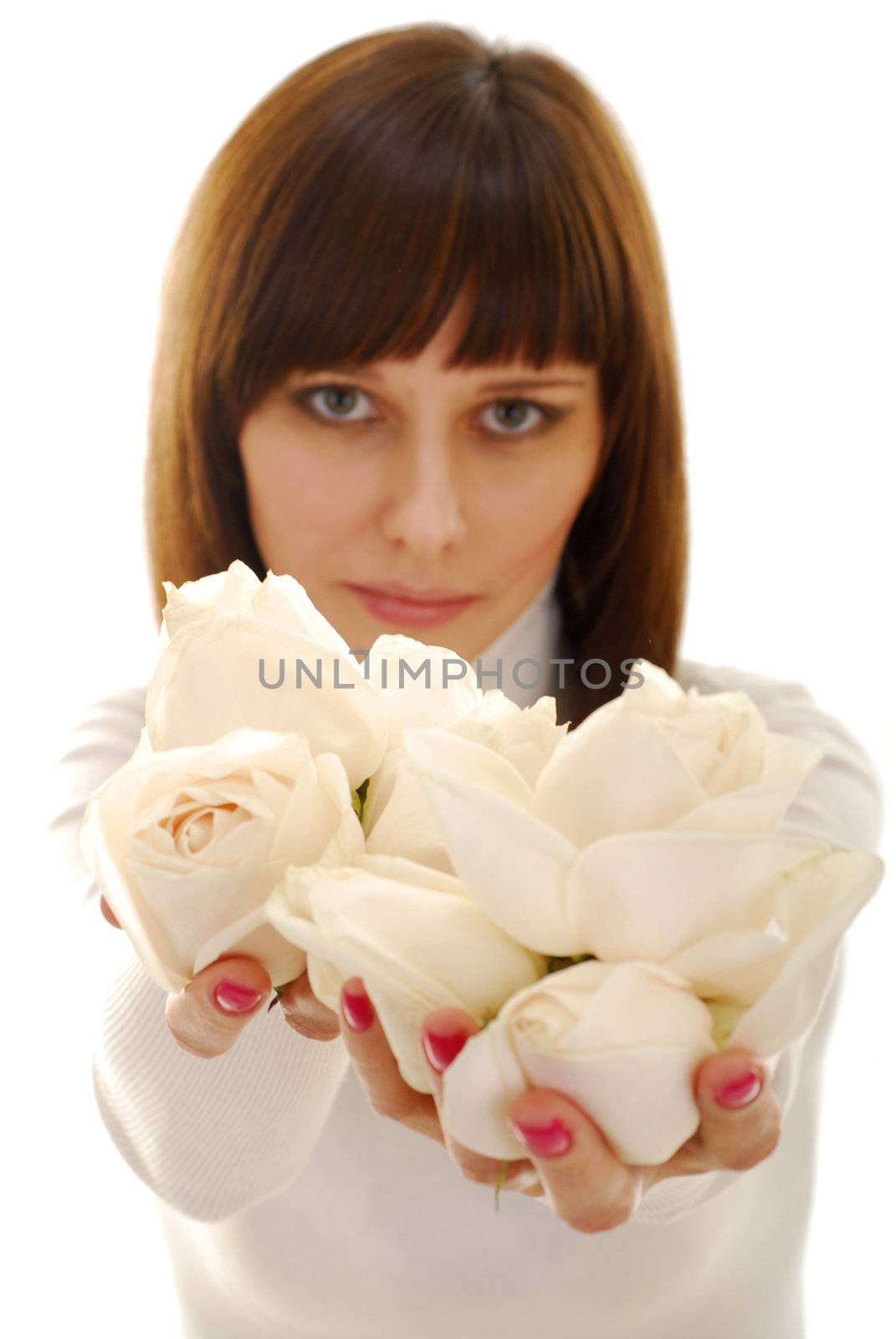 Pretty woman in white dress with white roses