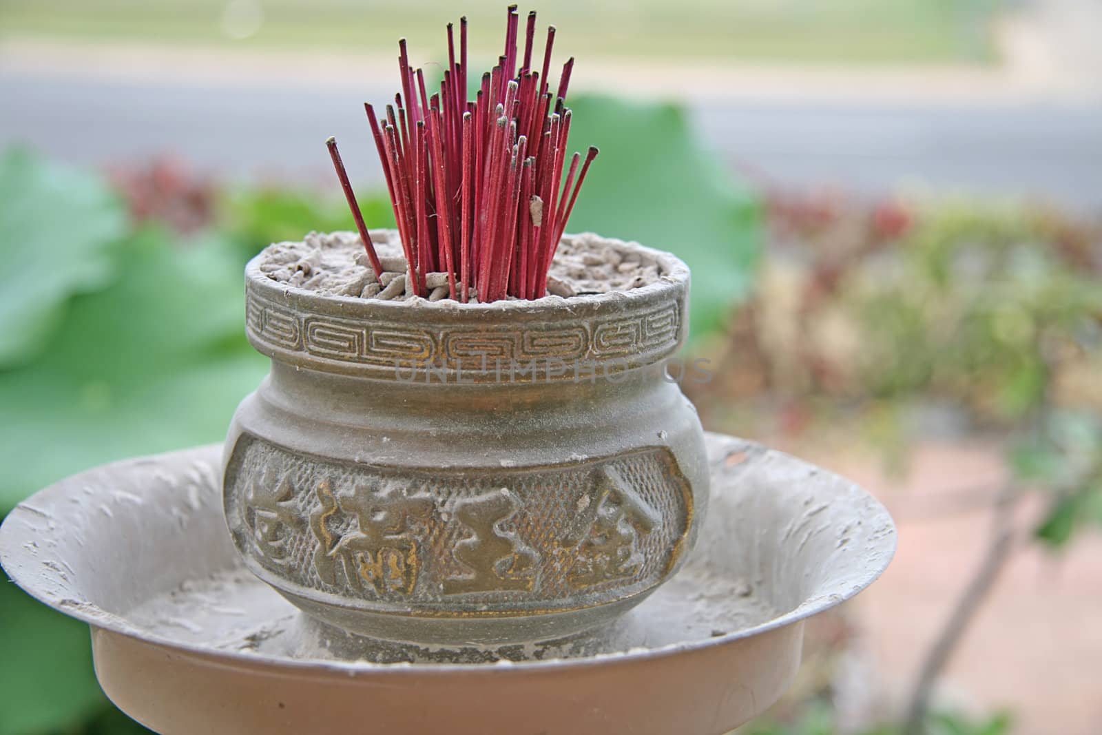 Chinese Red Incense Sticks and Metal Holder