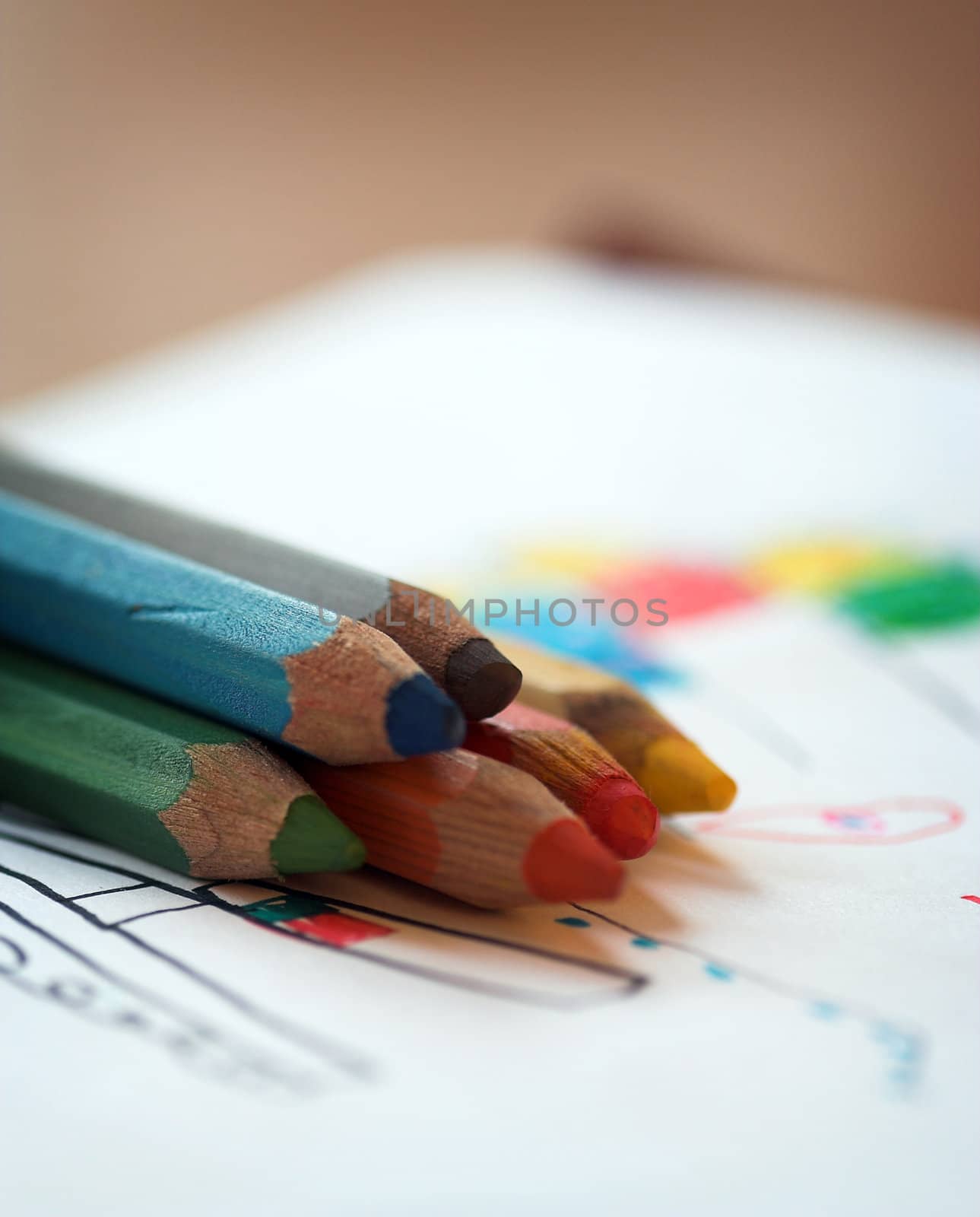 Stack of color crayons close up