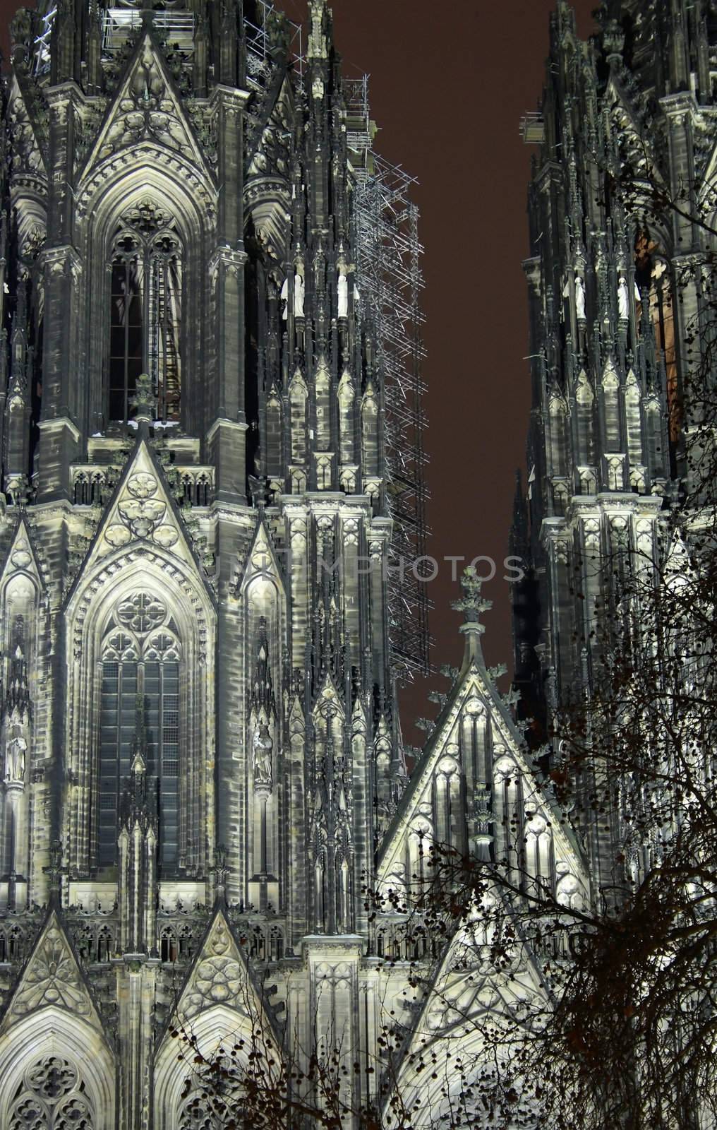 Closeup of famous Cologne Cathedral. Night scene with long exposure