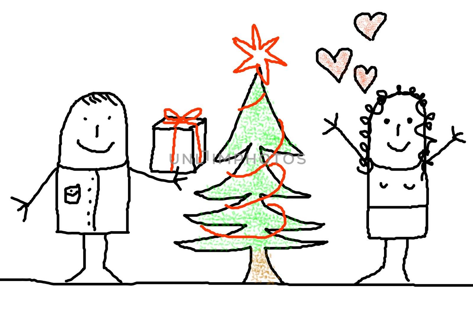illustration of young couple with christmas tree showing xmas concept