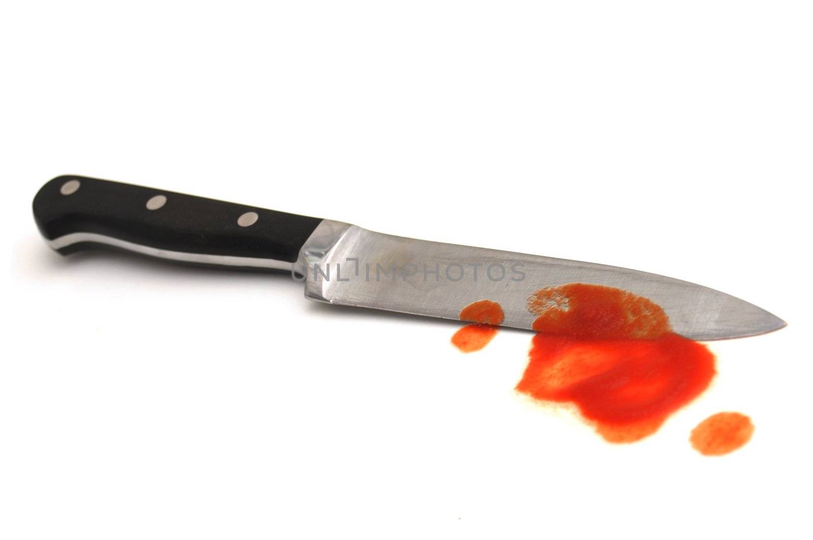 murder crime concept with knife and blood isolated on white background