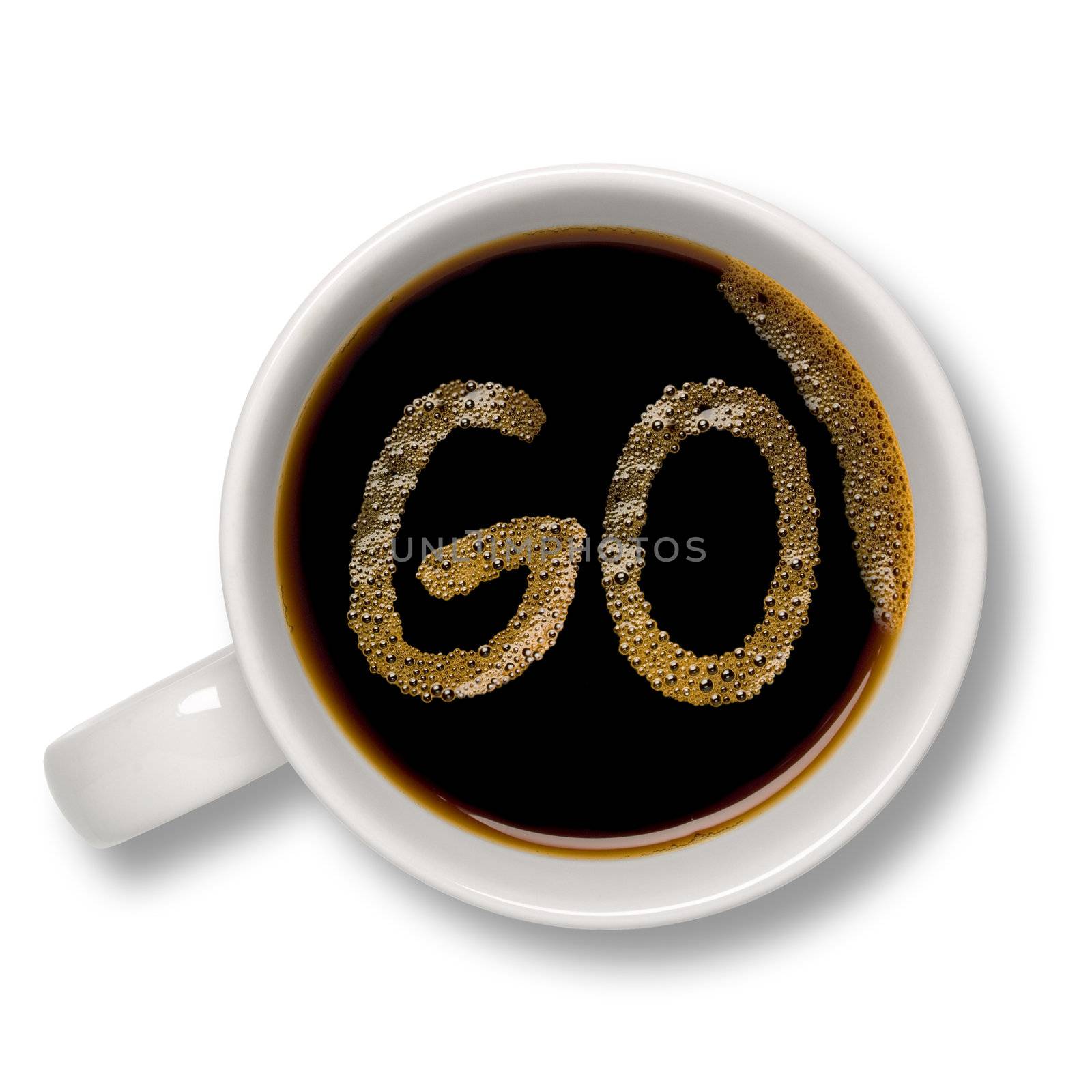 Top view of an isolated cup of coffee with a coffee bubble "GO" sign inside.