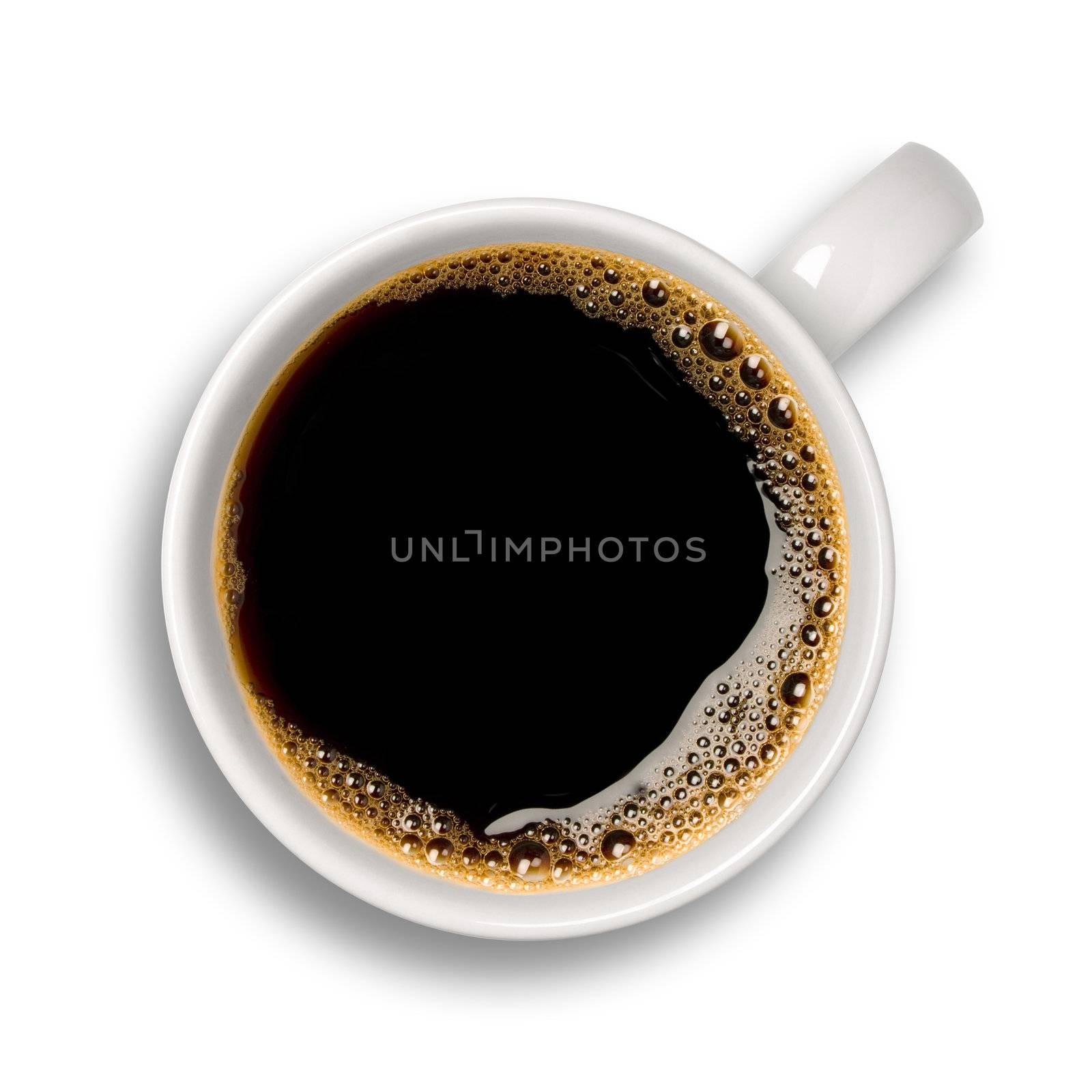 Top view of an isolated cup of coffee with some bubbles.