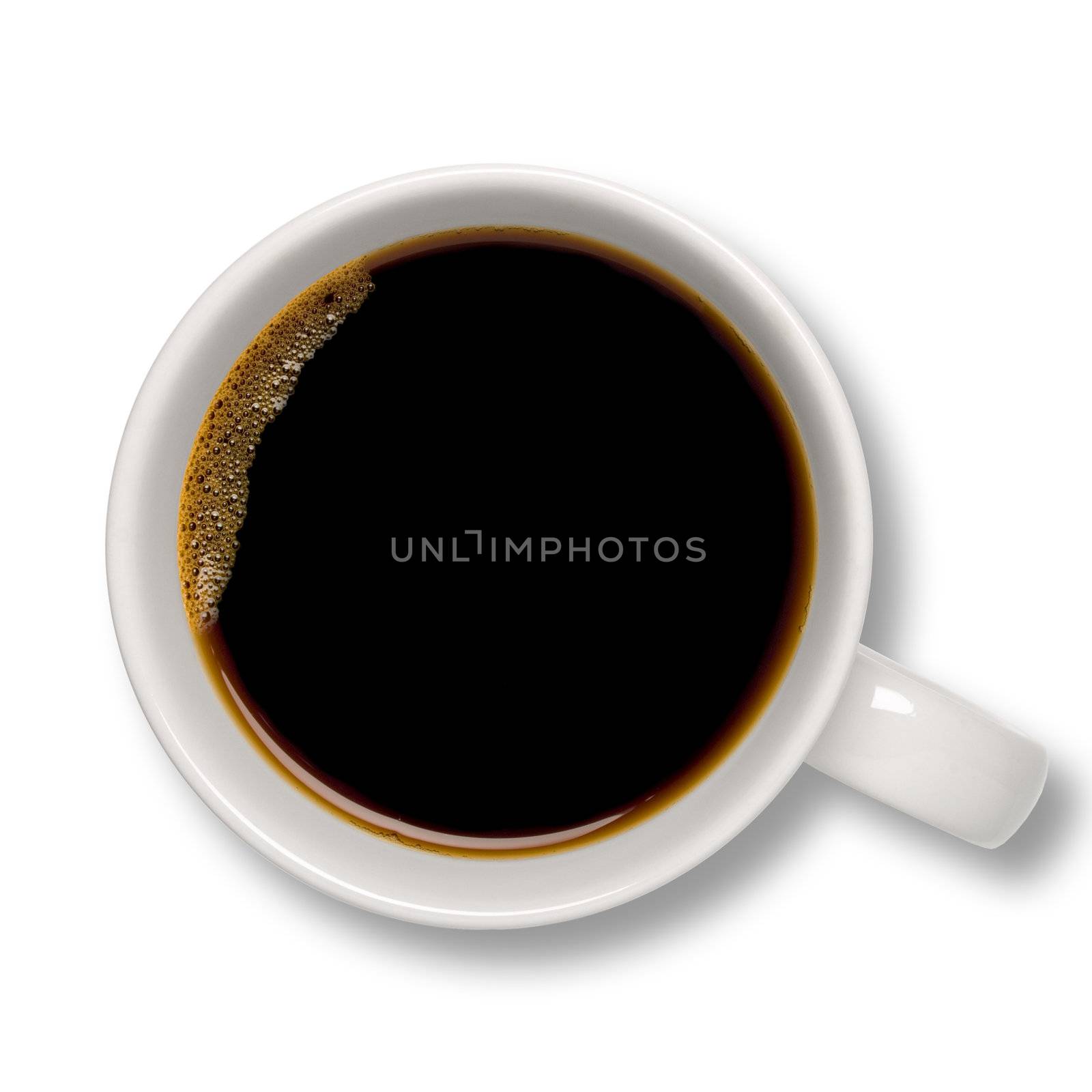 Top view of an isolated cup of coffee with some bubbles.