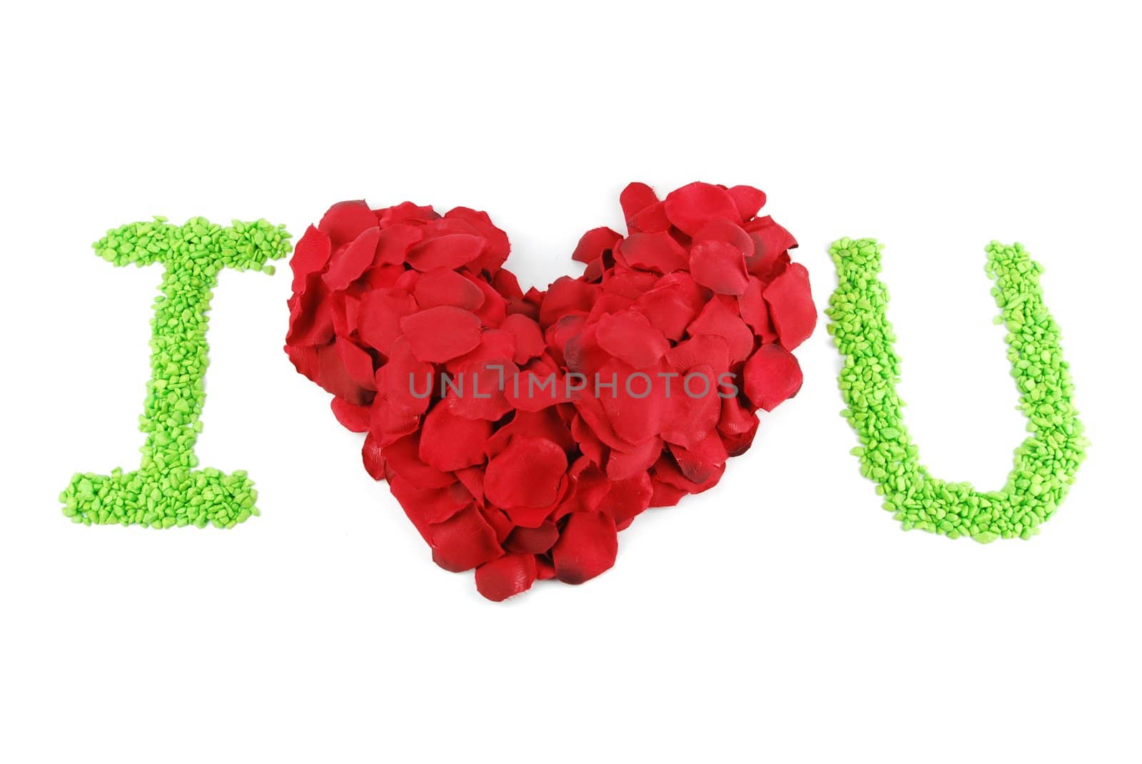 I LOVE U with a beaufiful red heart made of rose petals (isolated on white background)