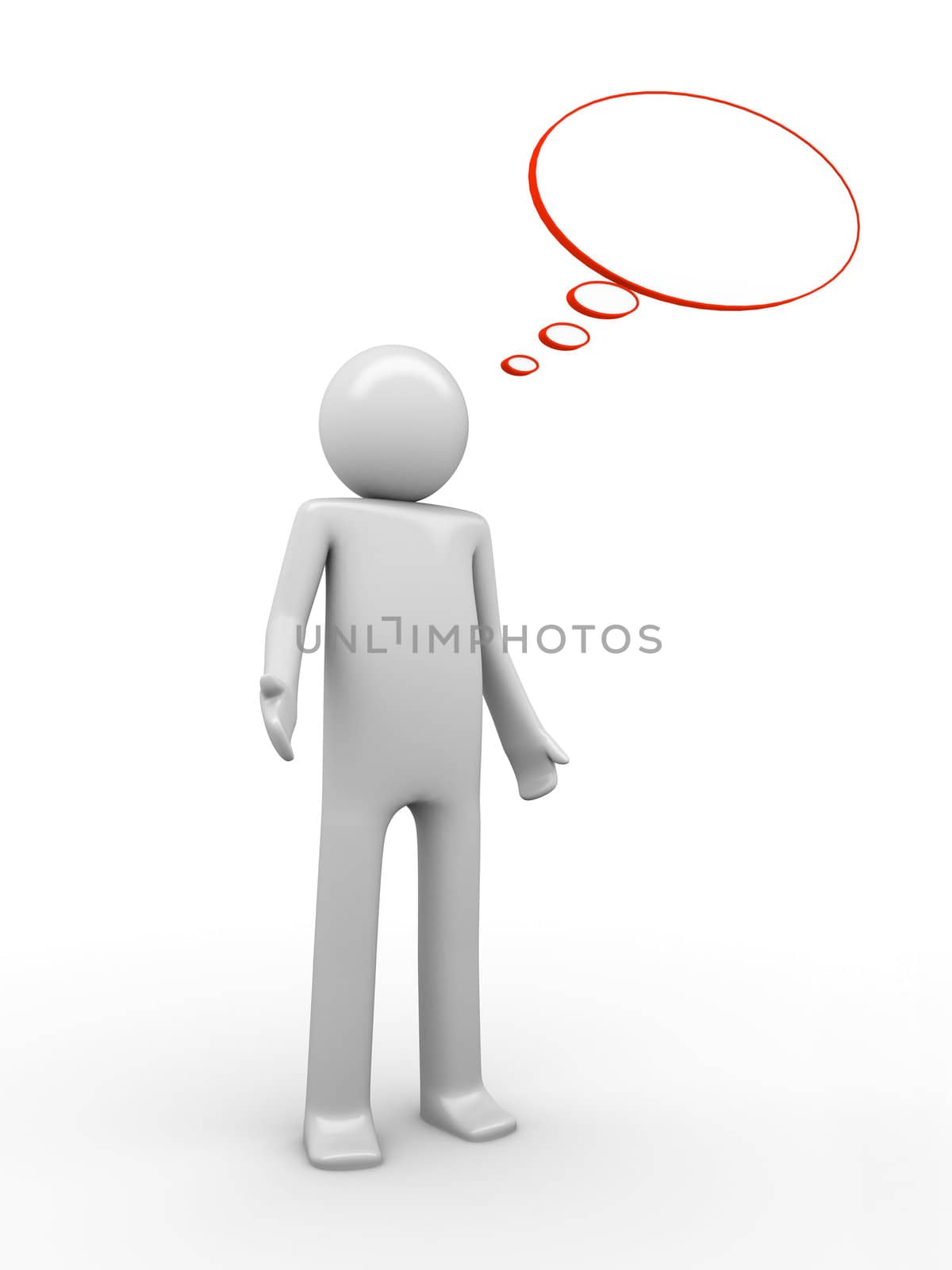 3d rendered copyspaced image with a man standing on a white background with an empty baloon with copyspace to white a text or collage an image