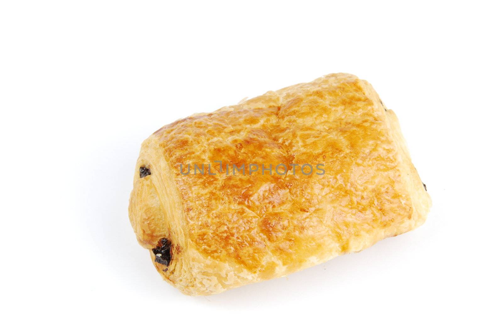 one fresh pain au chocolat isolated on white background