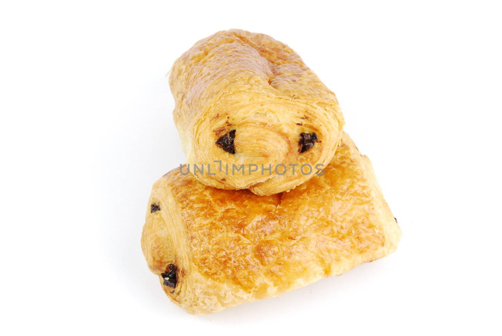 two fresh pain au chocolat isolated on white background