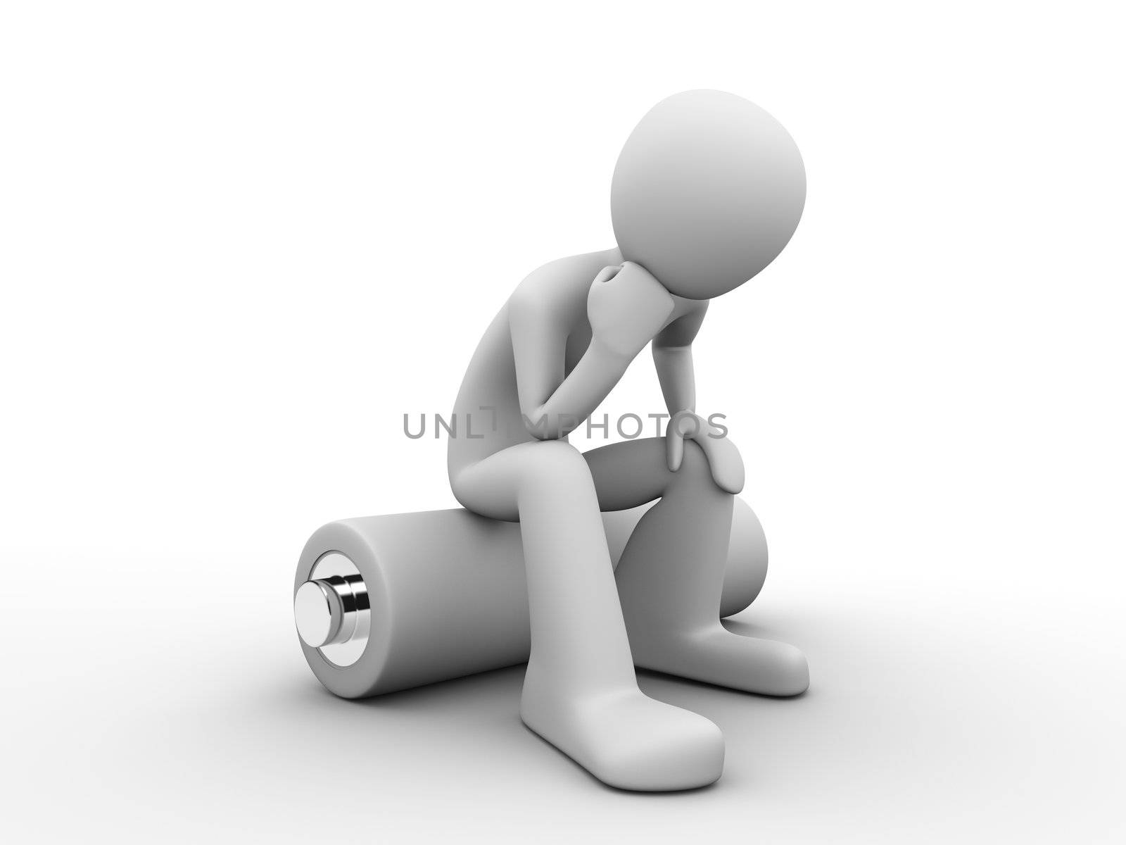 3d rendered copyspaced image with a man sitting on a battery and thinking about saving energy resources