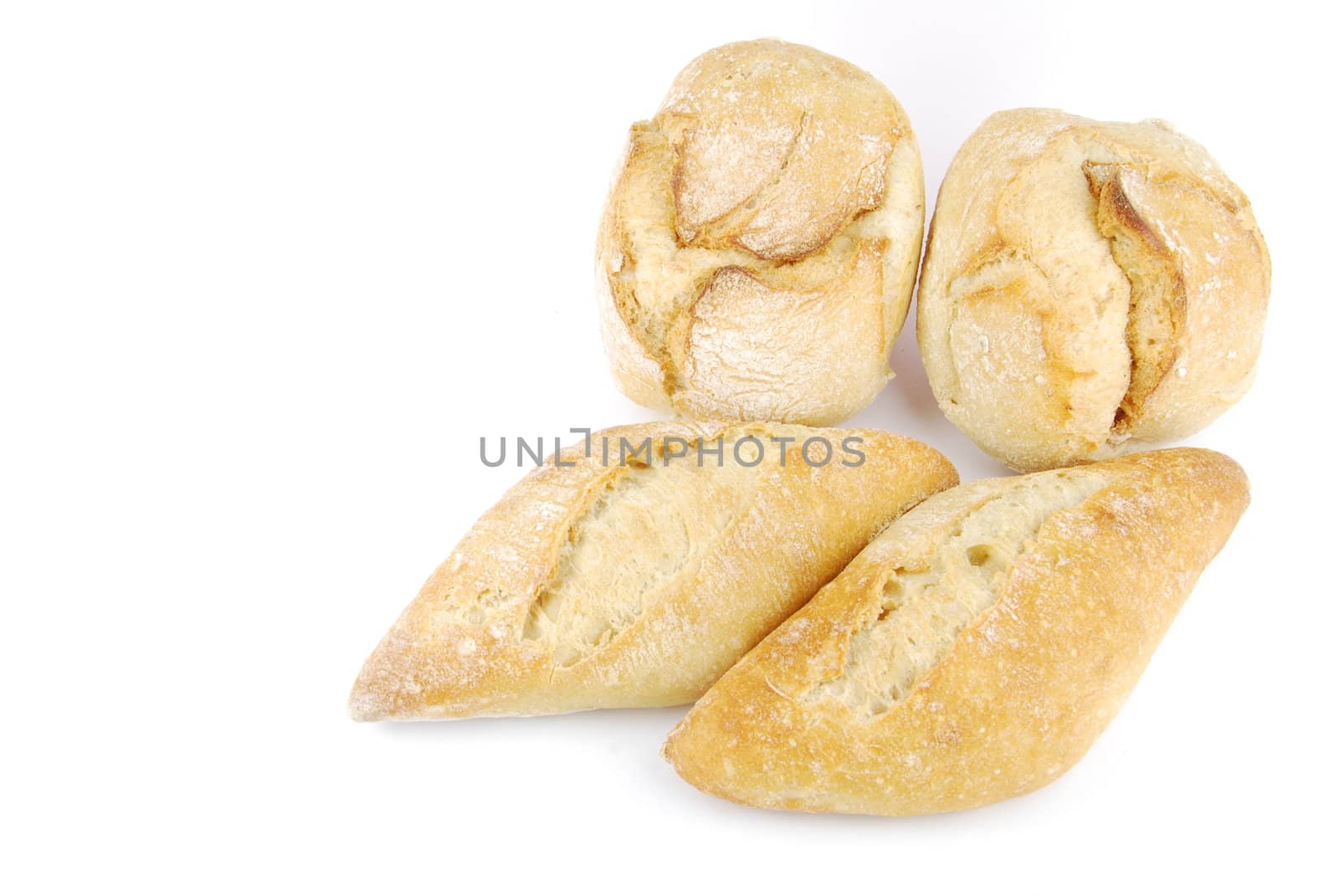 four fresh and baked white wheat bread (isolated on white background)