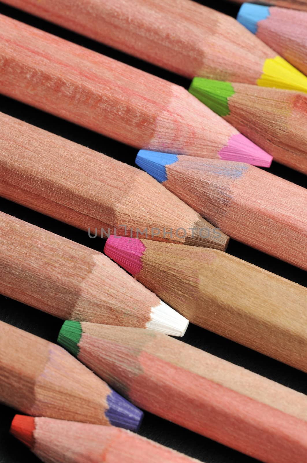 Colored pencils close up against black background