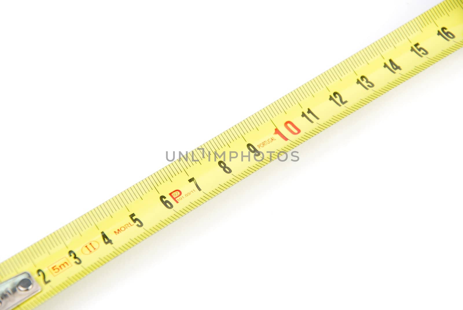 yellow retractable steel tape measure isolated on a white background
