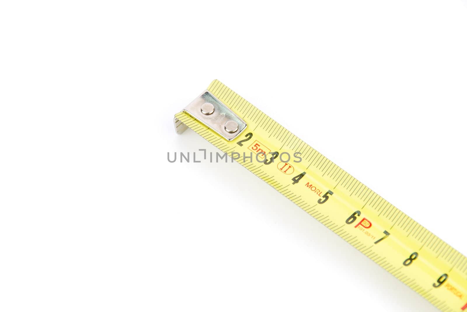 yellow retractable steel tape measure isolated on a white background
