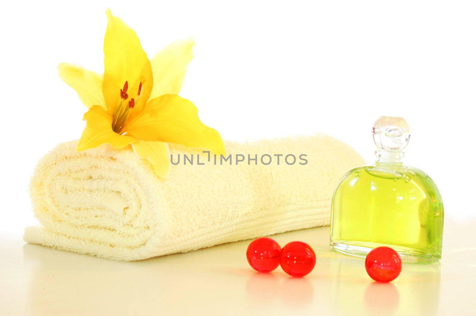 wellness still life with towel flower and copyspace