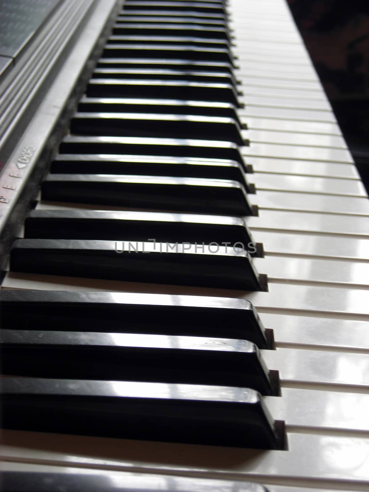 Black and white keys of an electronic organ keyboard at sun light.