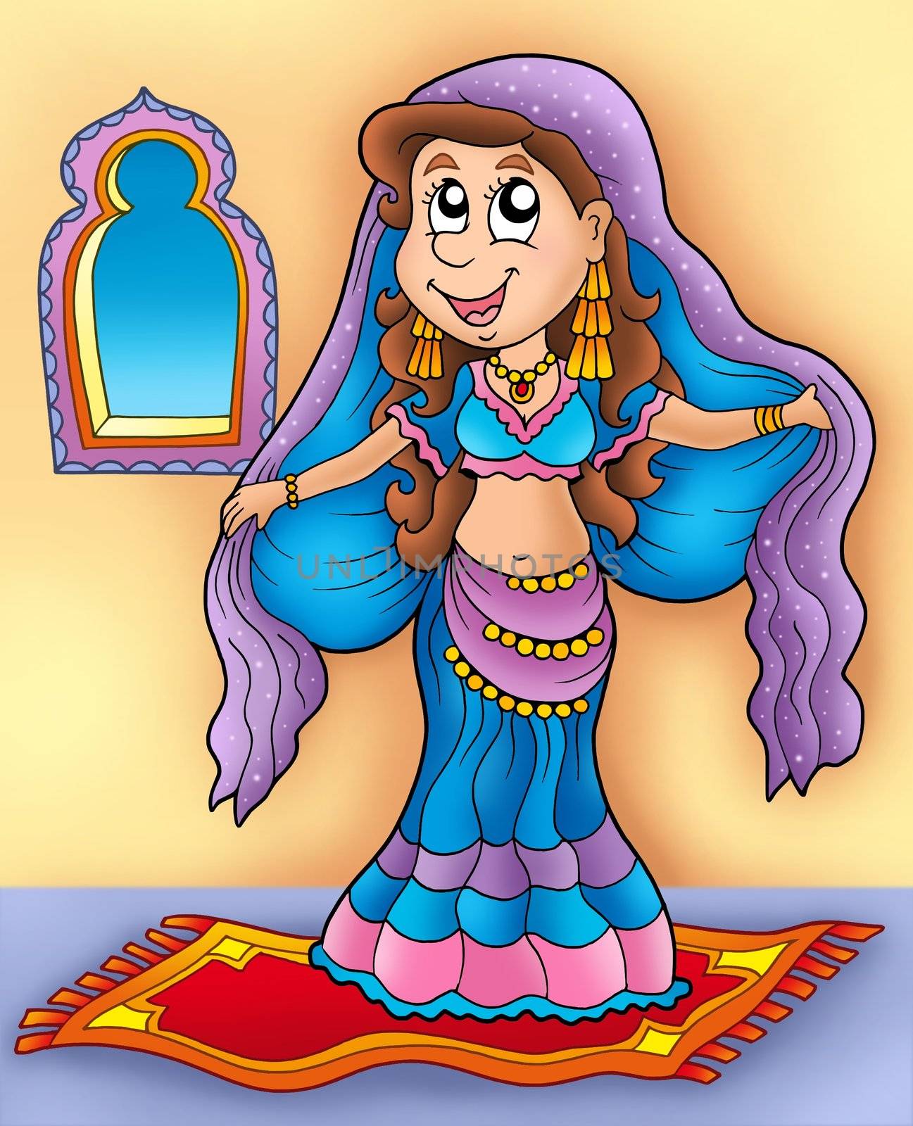 Belly dancer on carpet - color illustration.