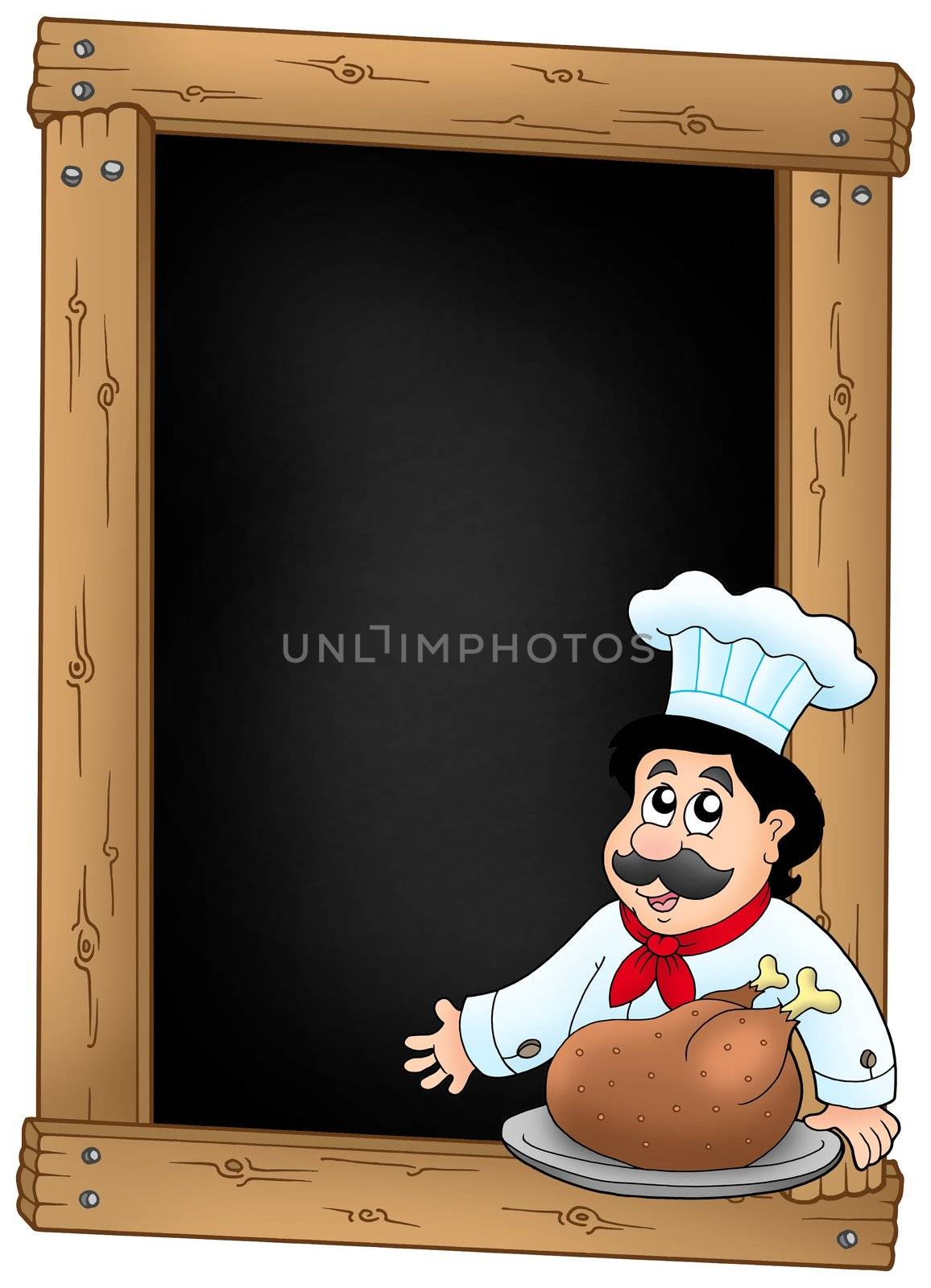 Blackboard and chef with meal - color illustration.
