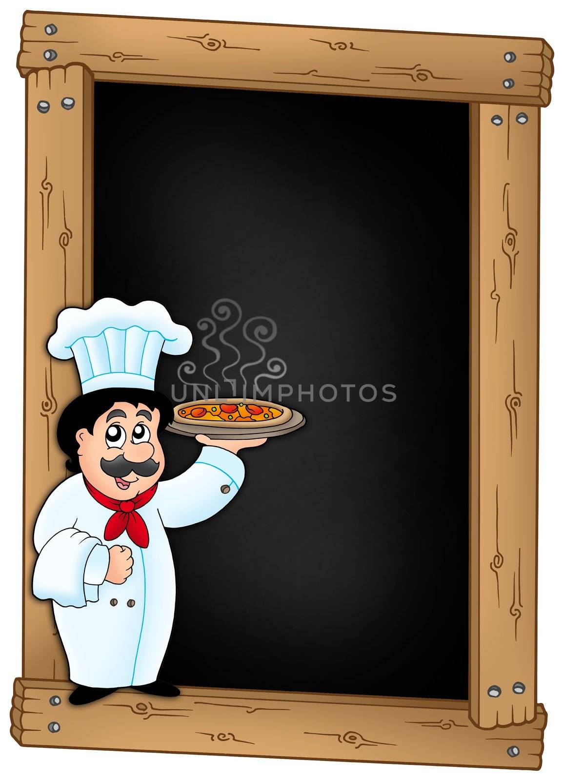 Blackboard with chef holding pizza - color illustration.