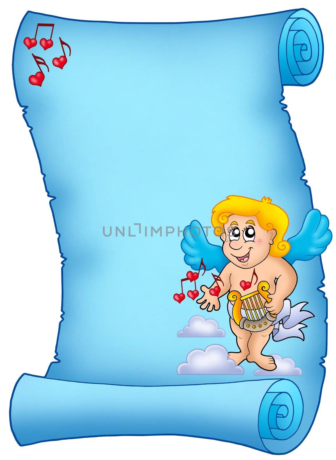 Blue parchment with Cupid 2 - color illustration.