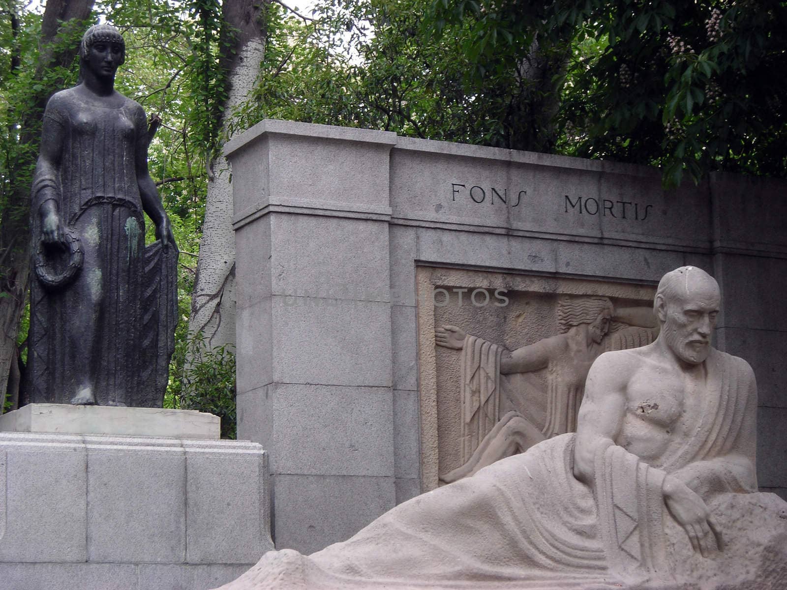 Group of sculptures as a tribute to the spanish medician Ramon y Cajal in the Retiro Gardens in Madrid.