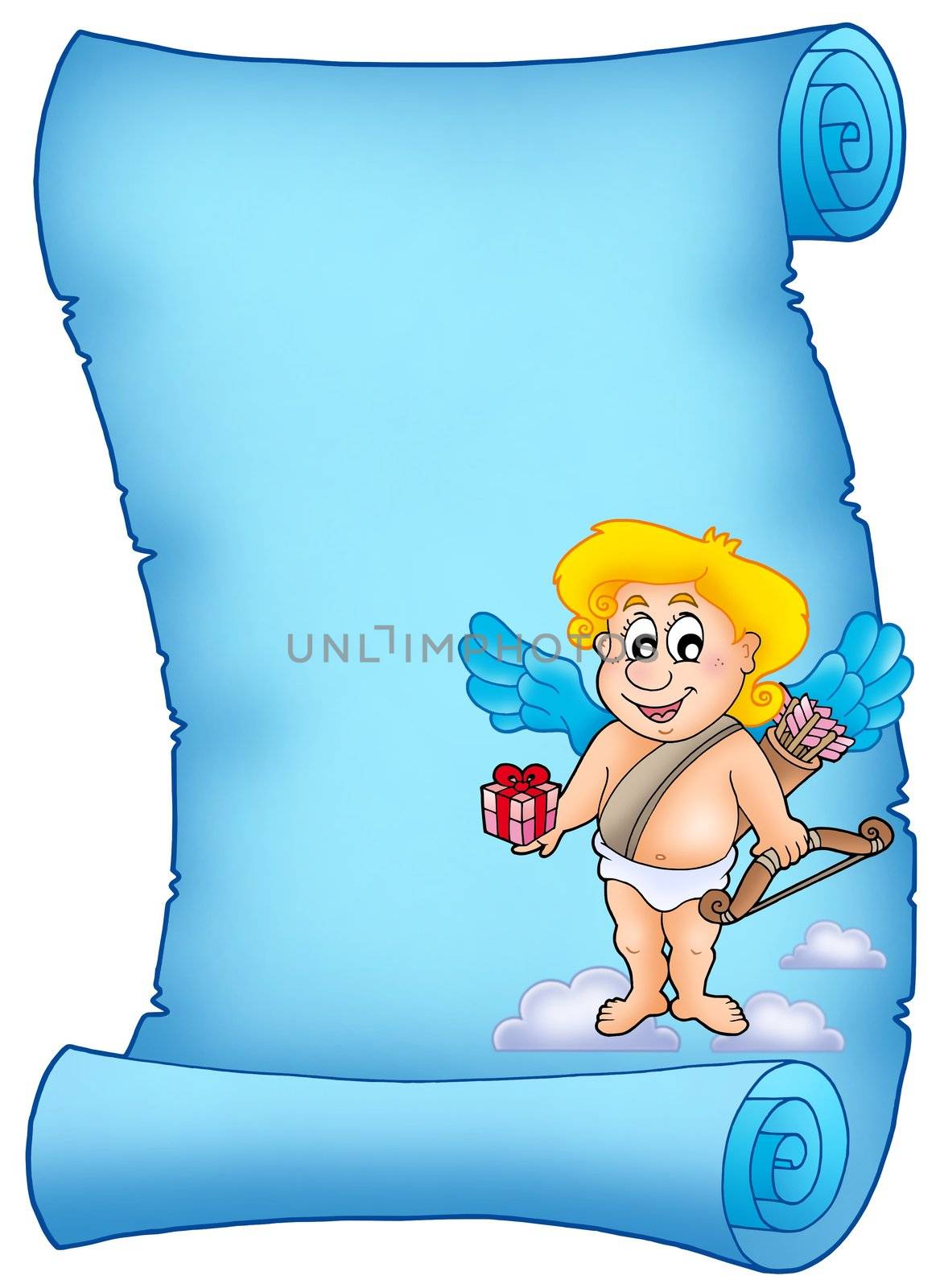 Blue scroll with Cupid holding gift - color illustration.