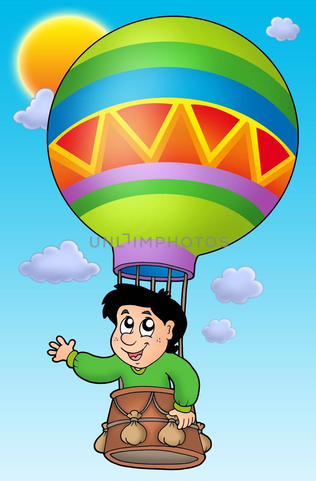 Boy in balloon on sky - color illustration.