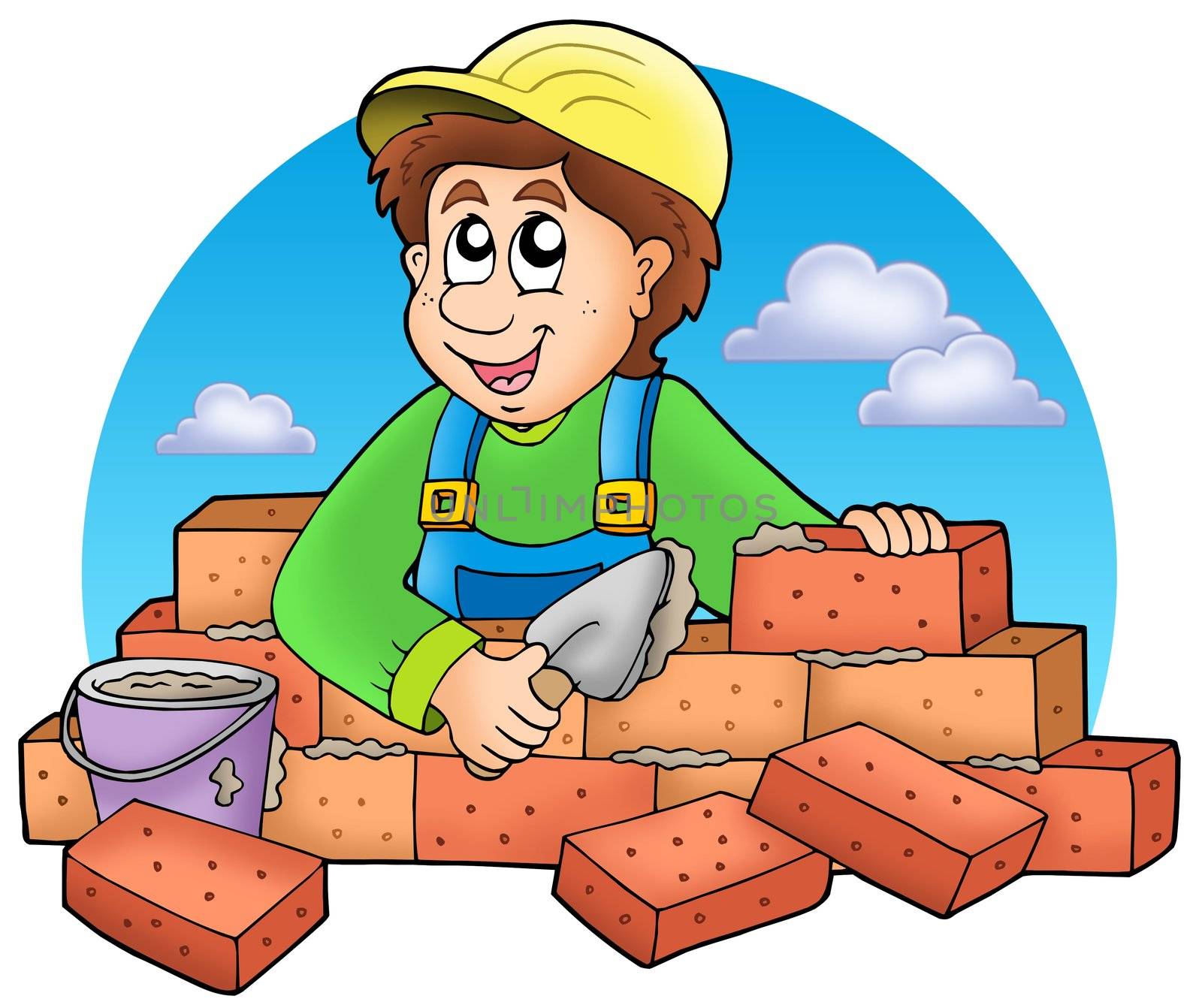 Cartoon bricklayer with clouds - color illustration.